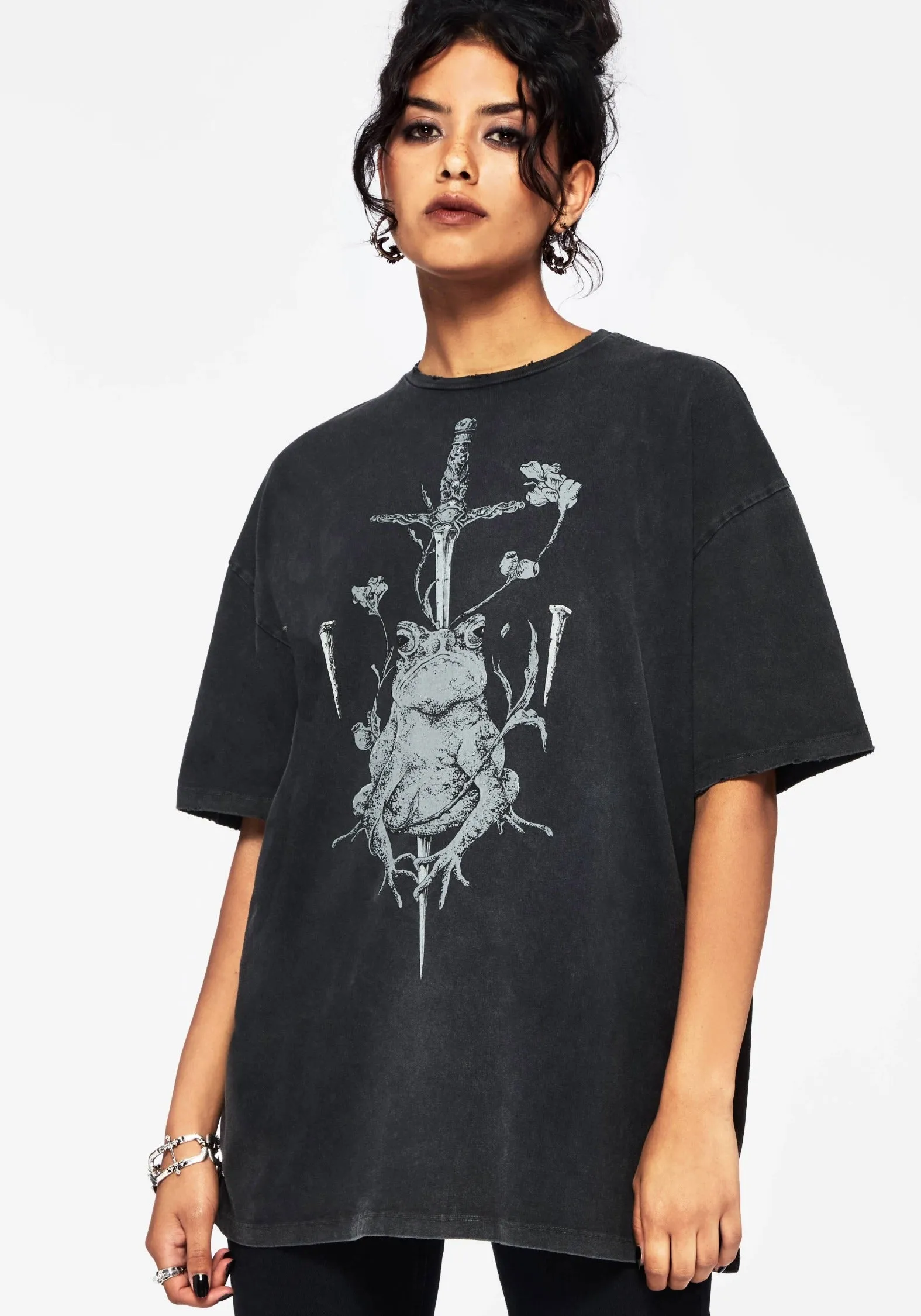 Anura Oversized Acid Wash Frog Graphic Print T-shirt sports activity Basic Wear