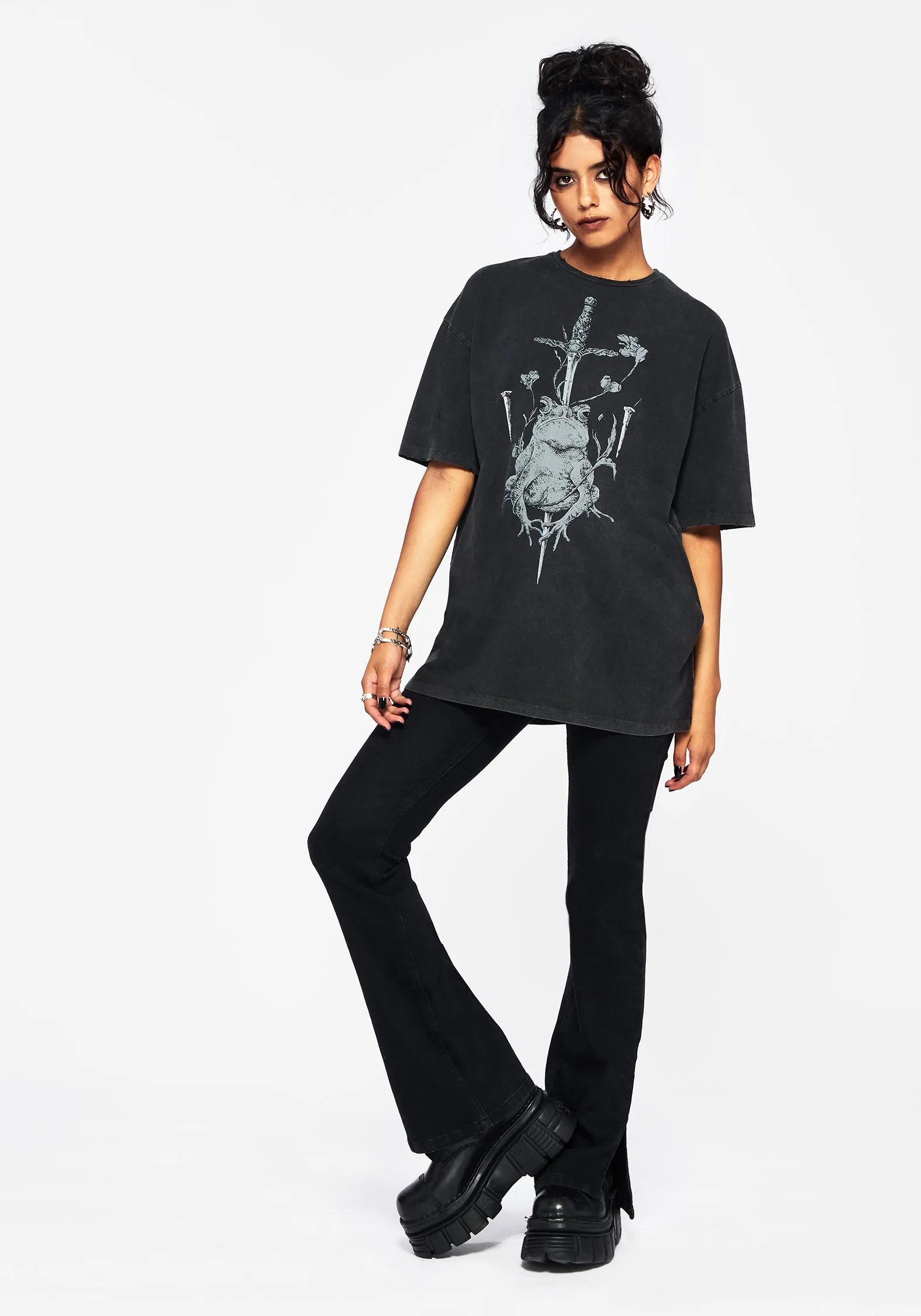 Anura Oversized Acid Wash Frog Graphic Print T-shirt Everyday Casual Breathable mesh