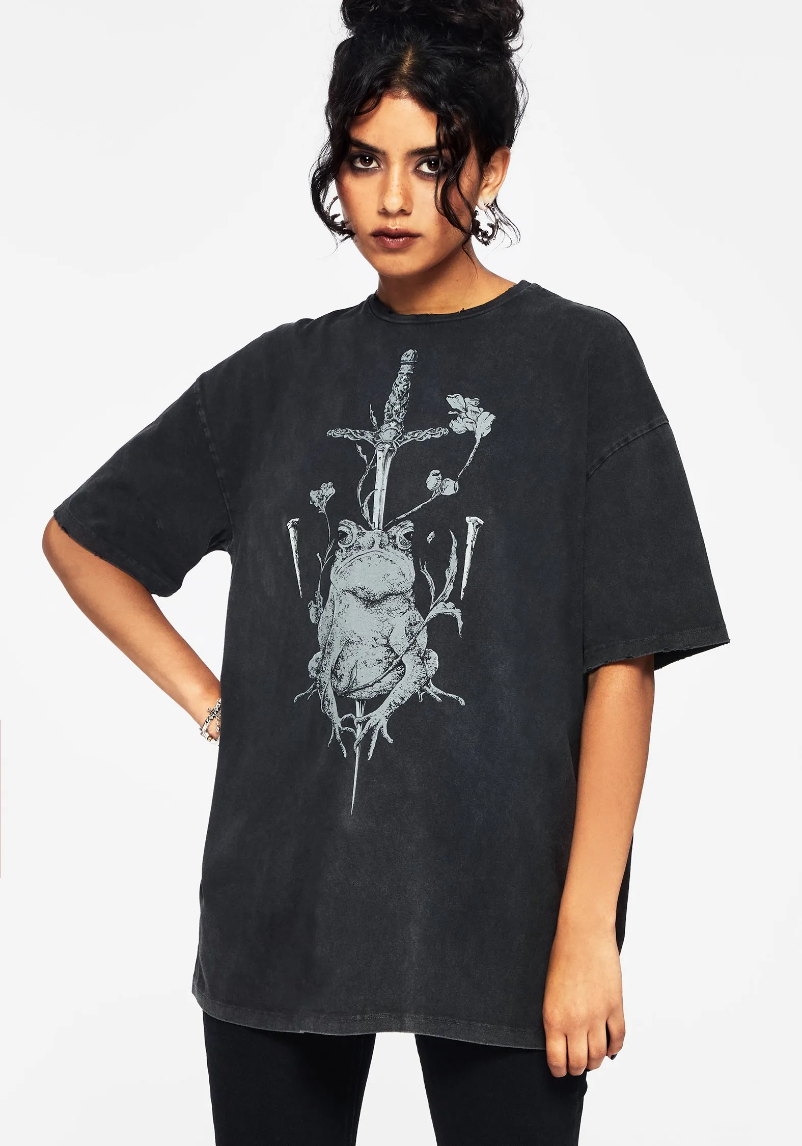 Moisture Management Timeless casual wear Anura Oversized Acid Wash Frog Graphic Print T-shirt