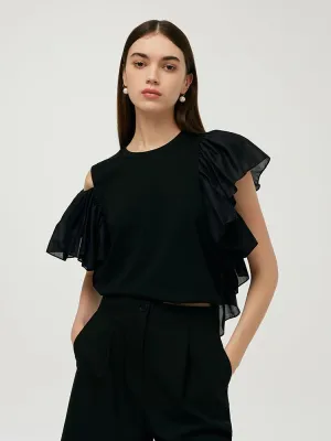 Pilling Resistant Finish Asymmetric Patchwork Ruffle Women T-Shirt