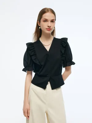 Tencel Blend Puff Sleeve Women Ruffe Patchwork Top Light and Breathable Essential Top
