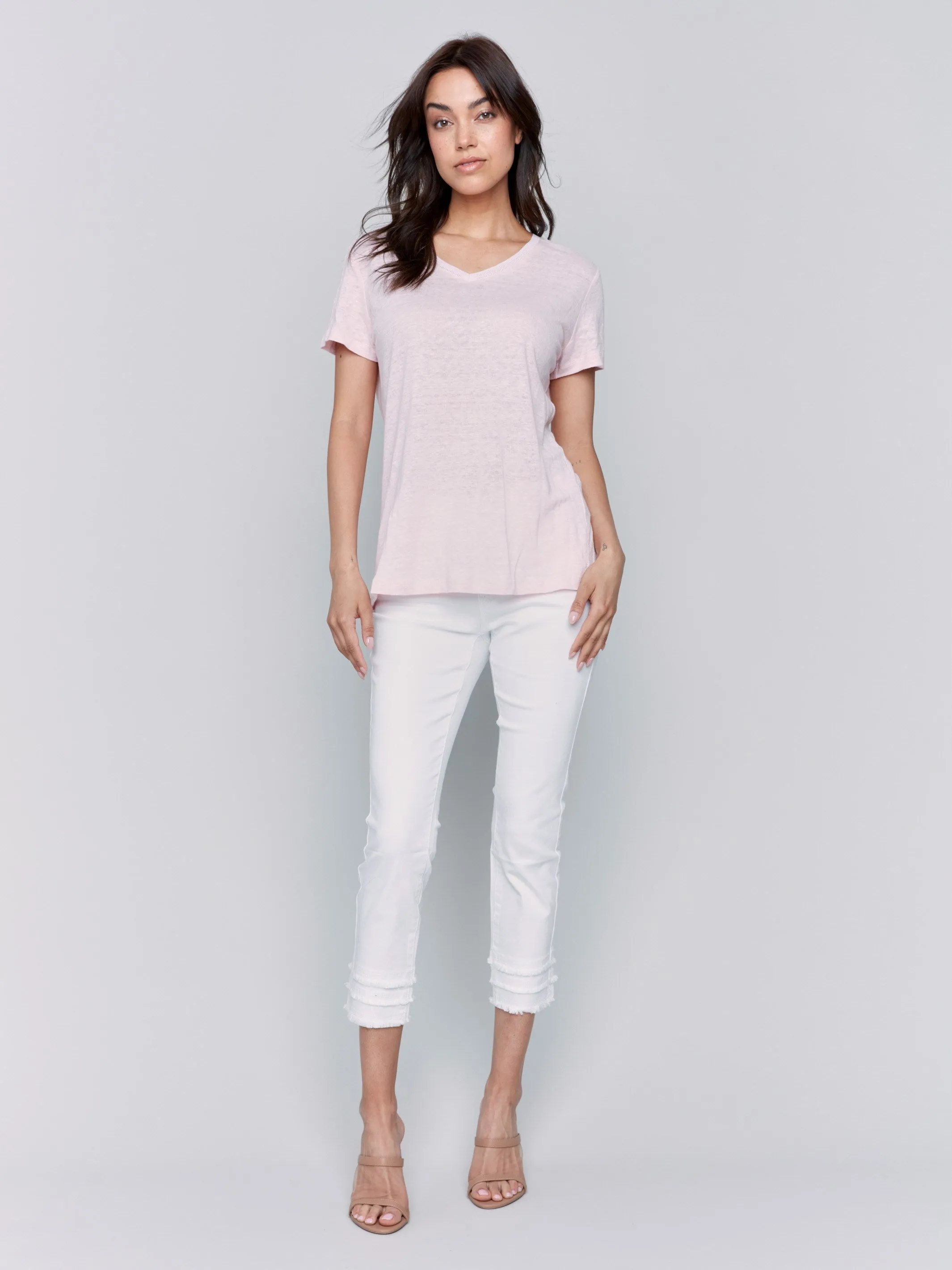 Linen Blend V-Neck T-Shirt - Petal yoga clothing