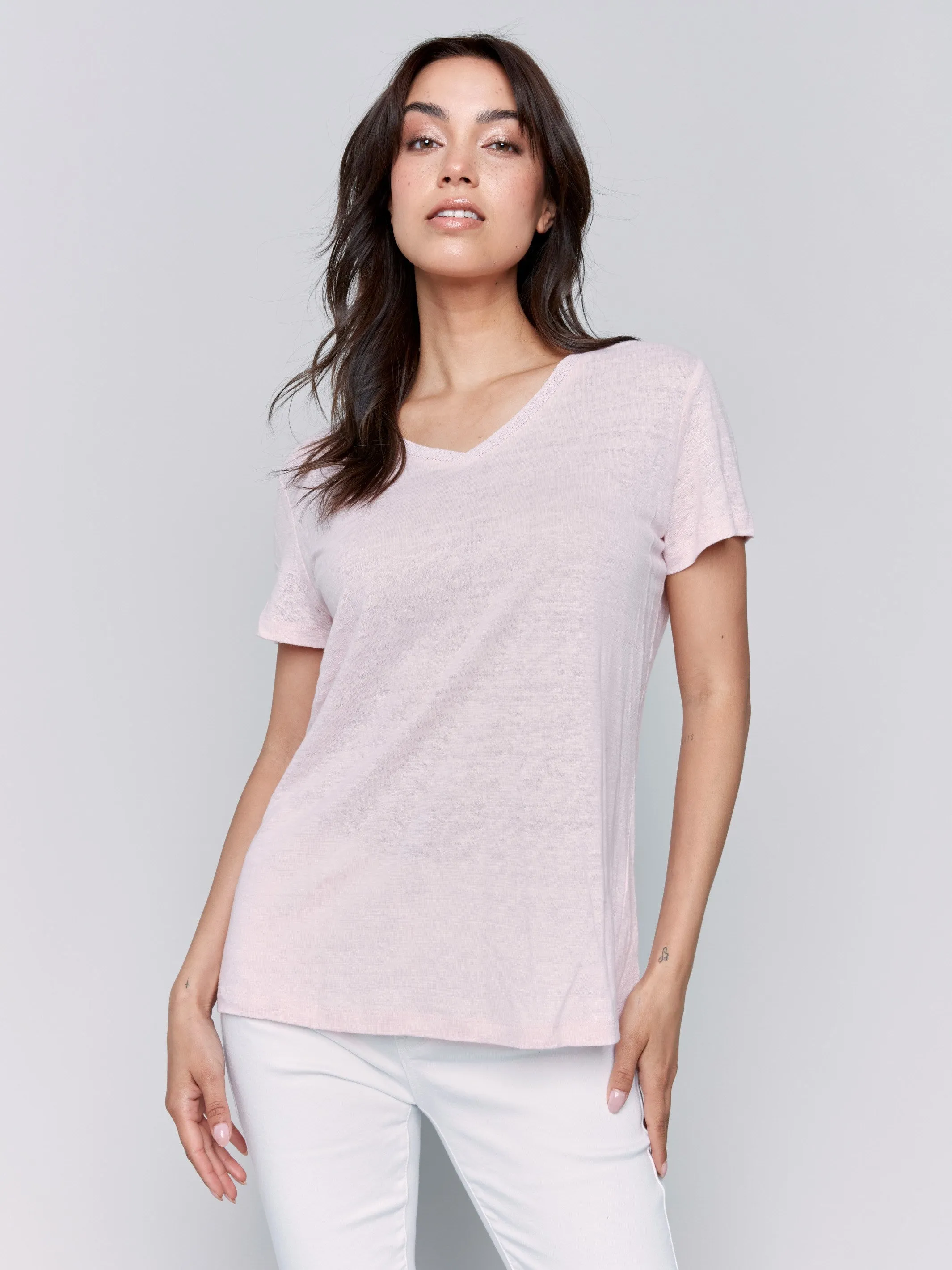 Ribbed Collar Trim Comfy Wardrobe Linen Blend V-Neck T-Shirt - Petal