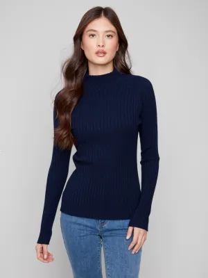 Ribbed Knit Mock Neck Sweater - Navy Functional Layer Winter Essentials