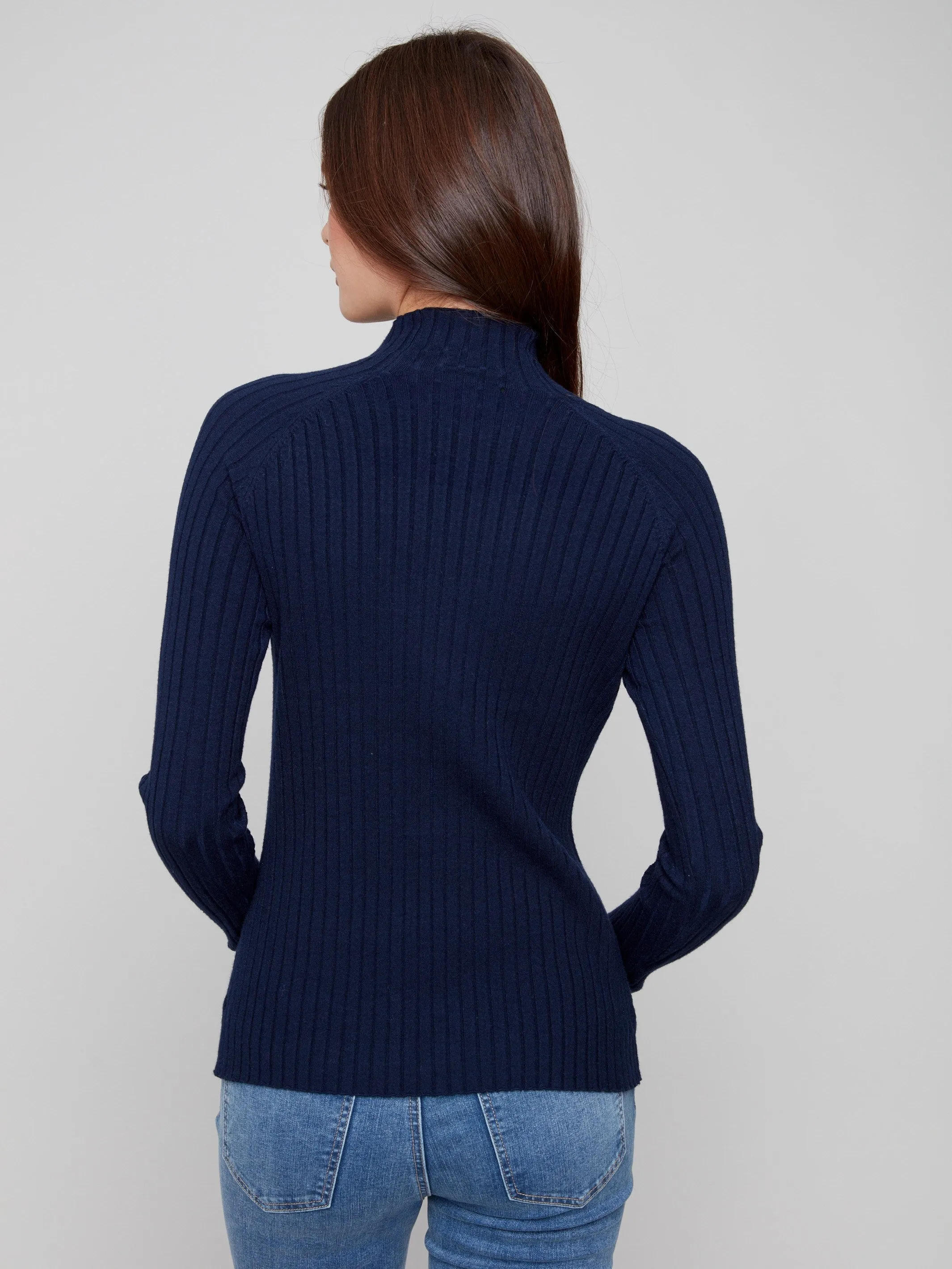 Ribbed Knit Mock Neck Sweater - Navy Subtle Texture Detail
