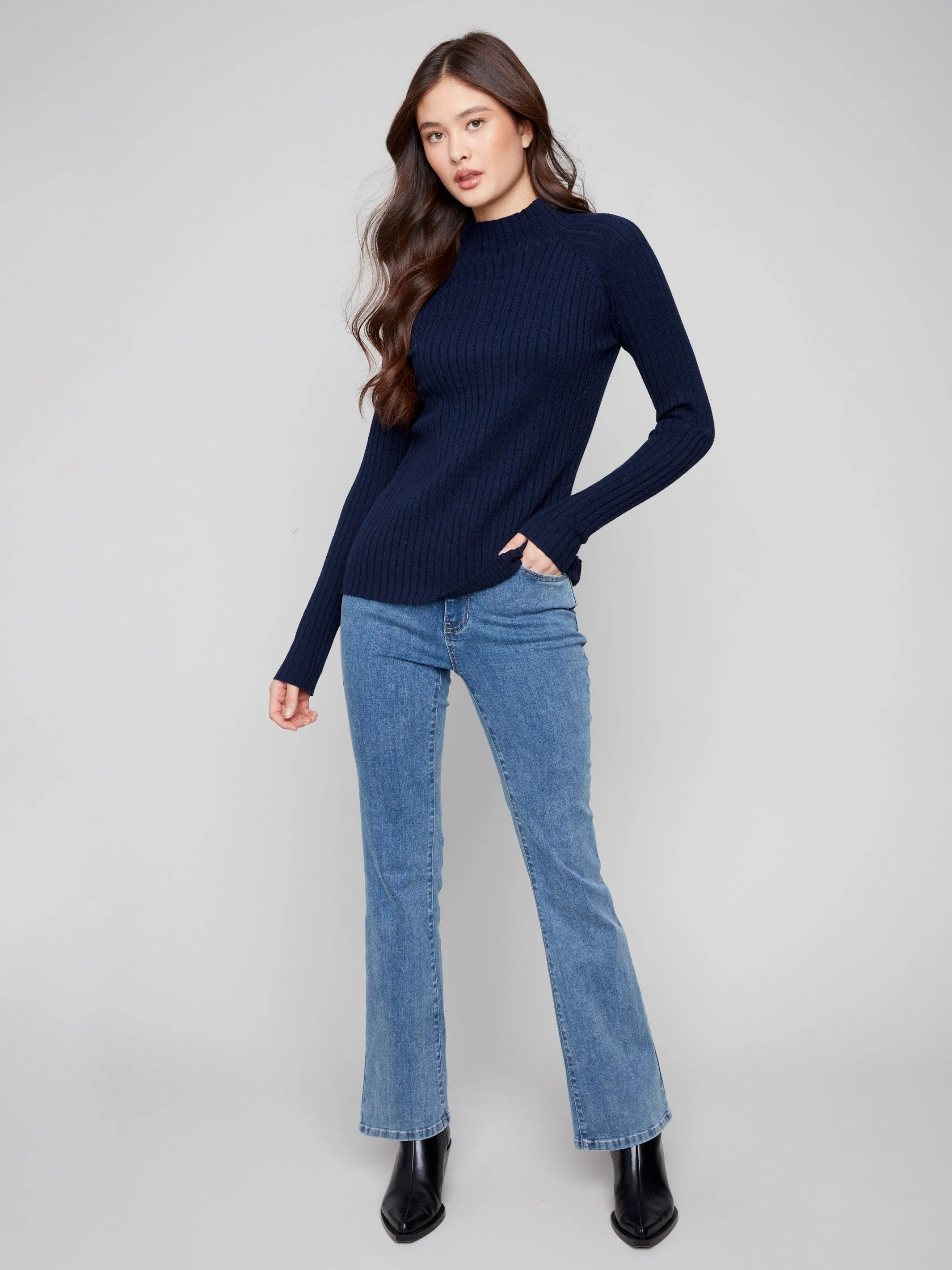 Oversized Fit Ribbed Knit Mock Neck Sweater - Navy