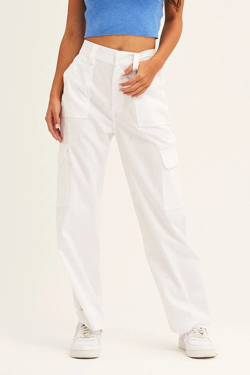 ElasticCuffs White Cargo Pants High Rise