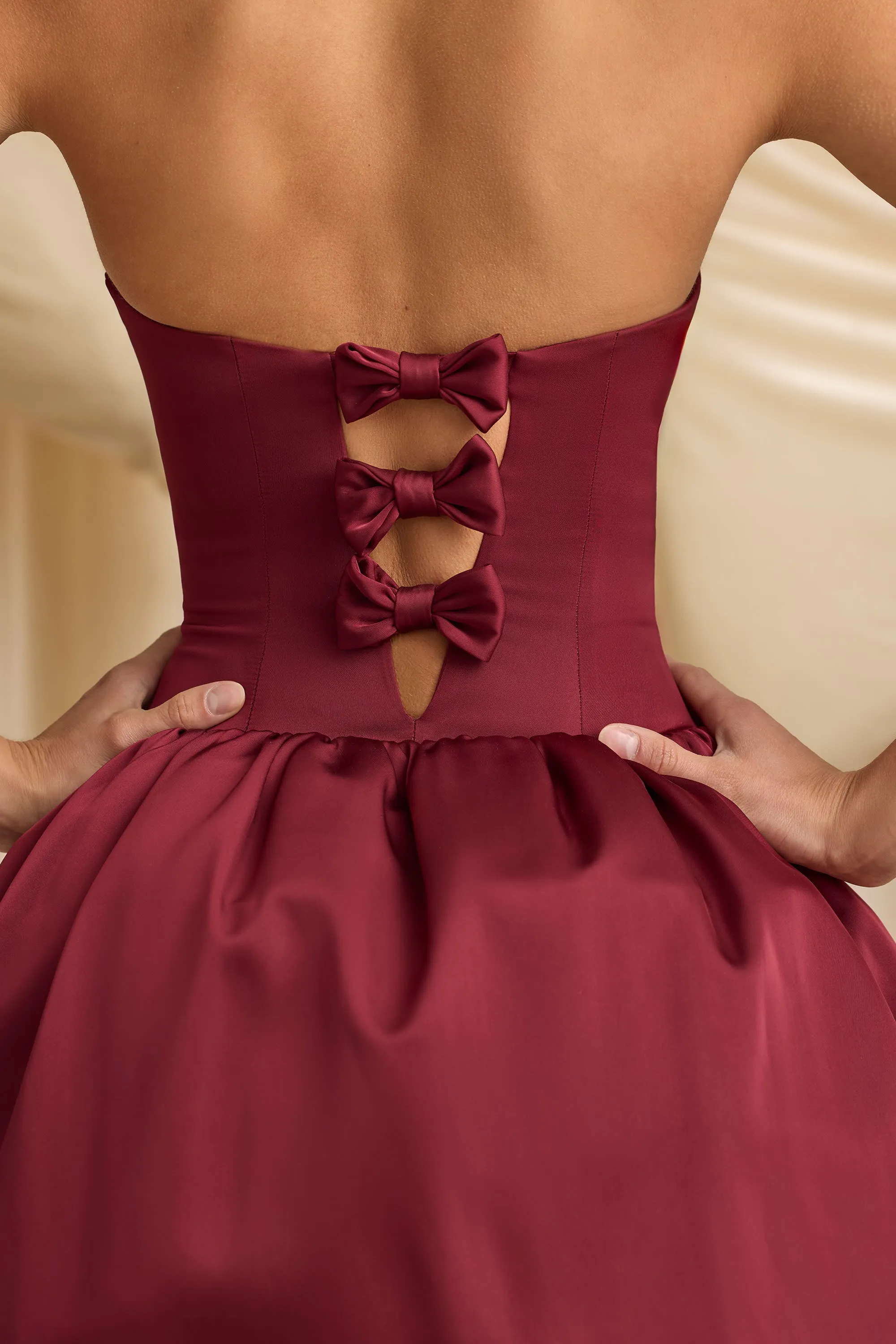Convertible Bow-Detail Bubble Hem Midaxi Dress in Wine Red OdorControl Treatment
