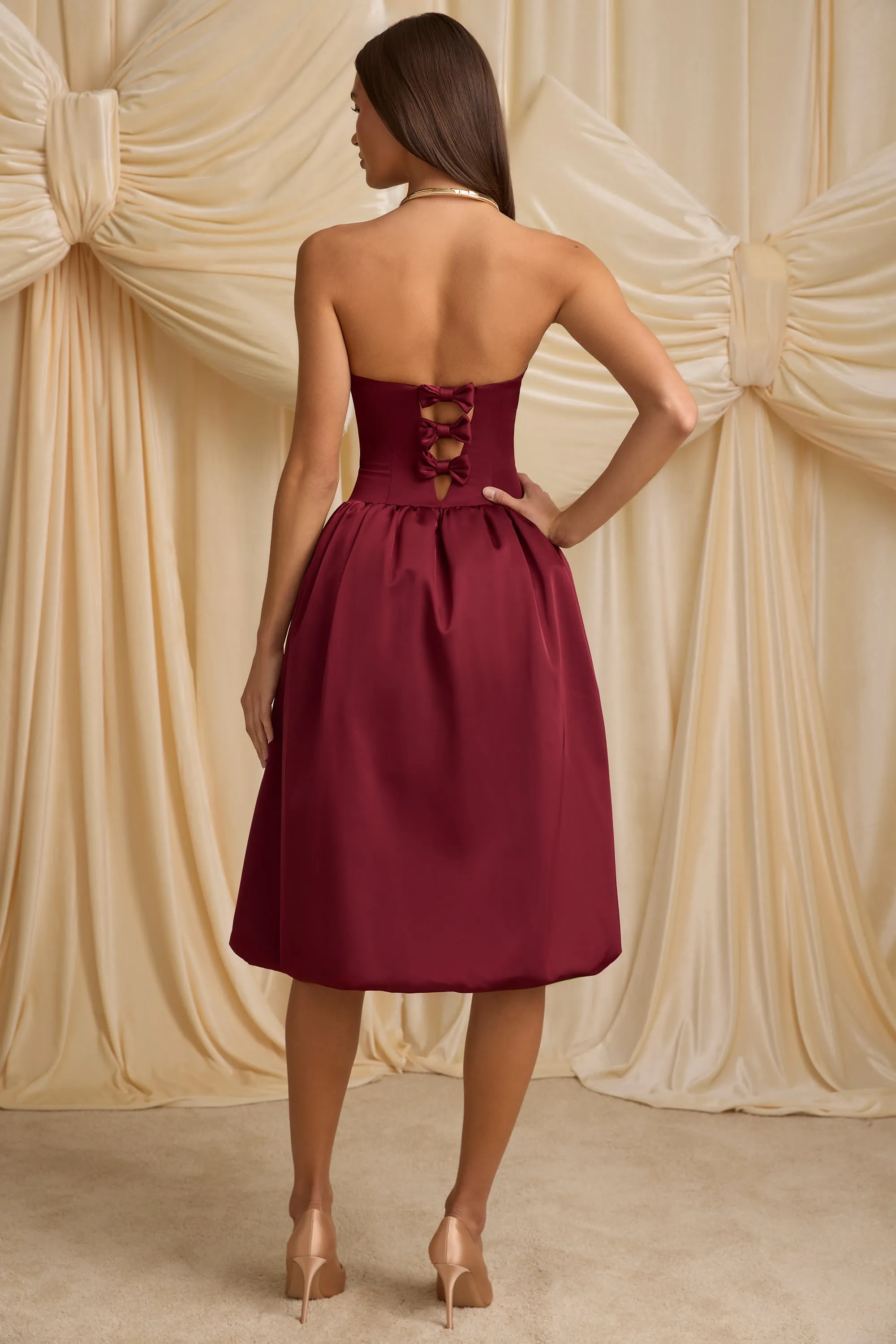 Convertible Bow-Detail Bubble Hem Midaxi Dress in Wine Red VersatileStyle