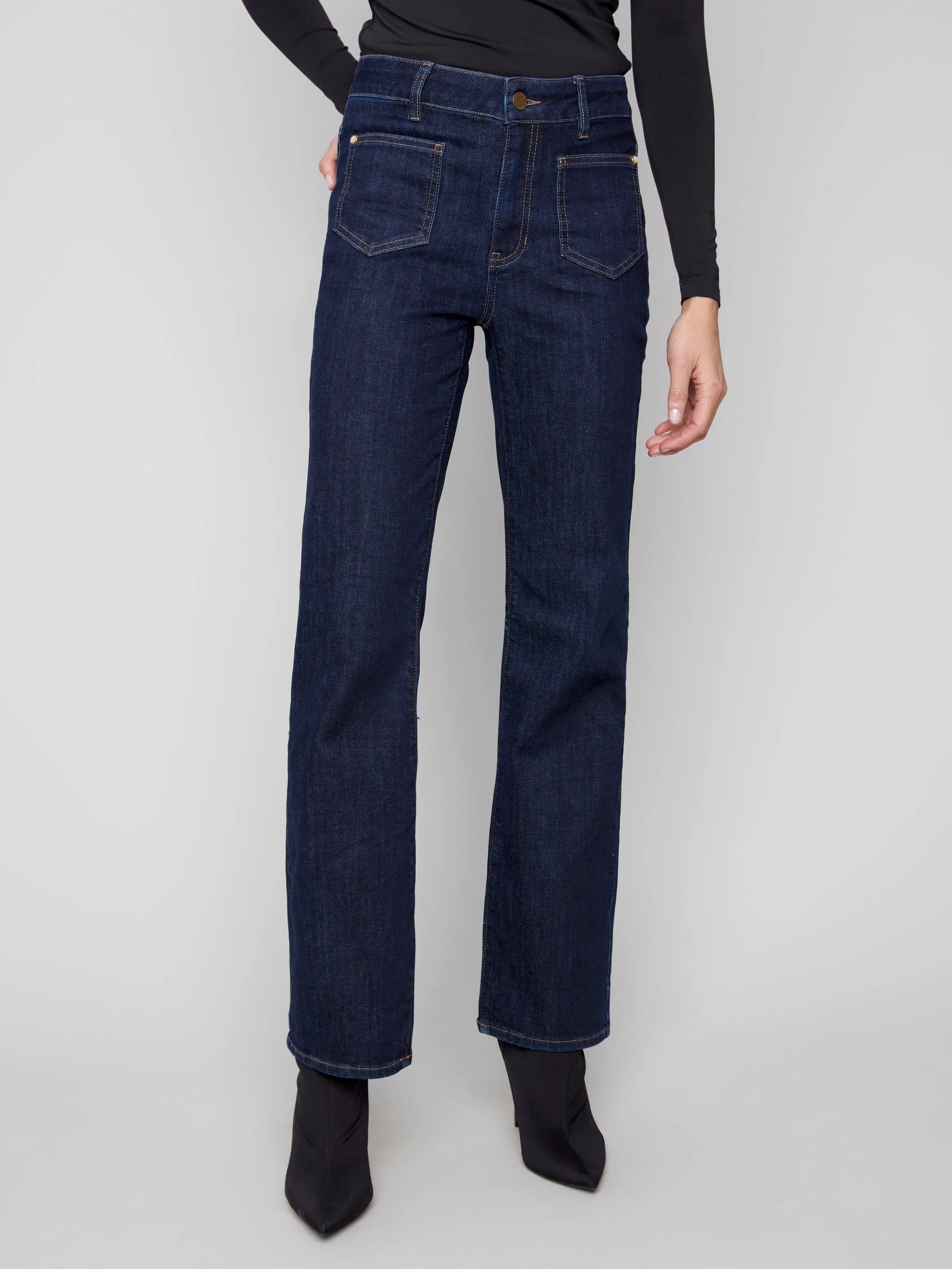 Patch Pocket Flare Jeans With Rivets - Deep Blue Base Outfit