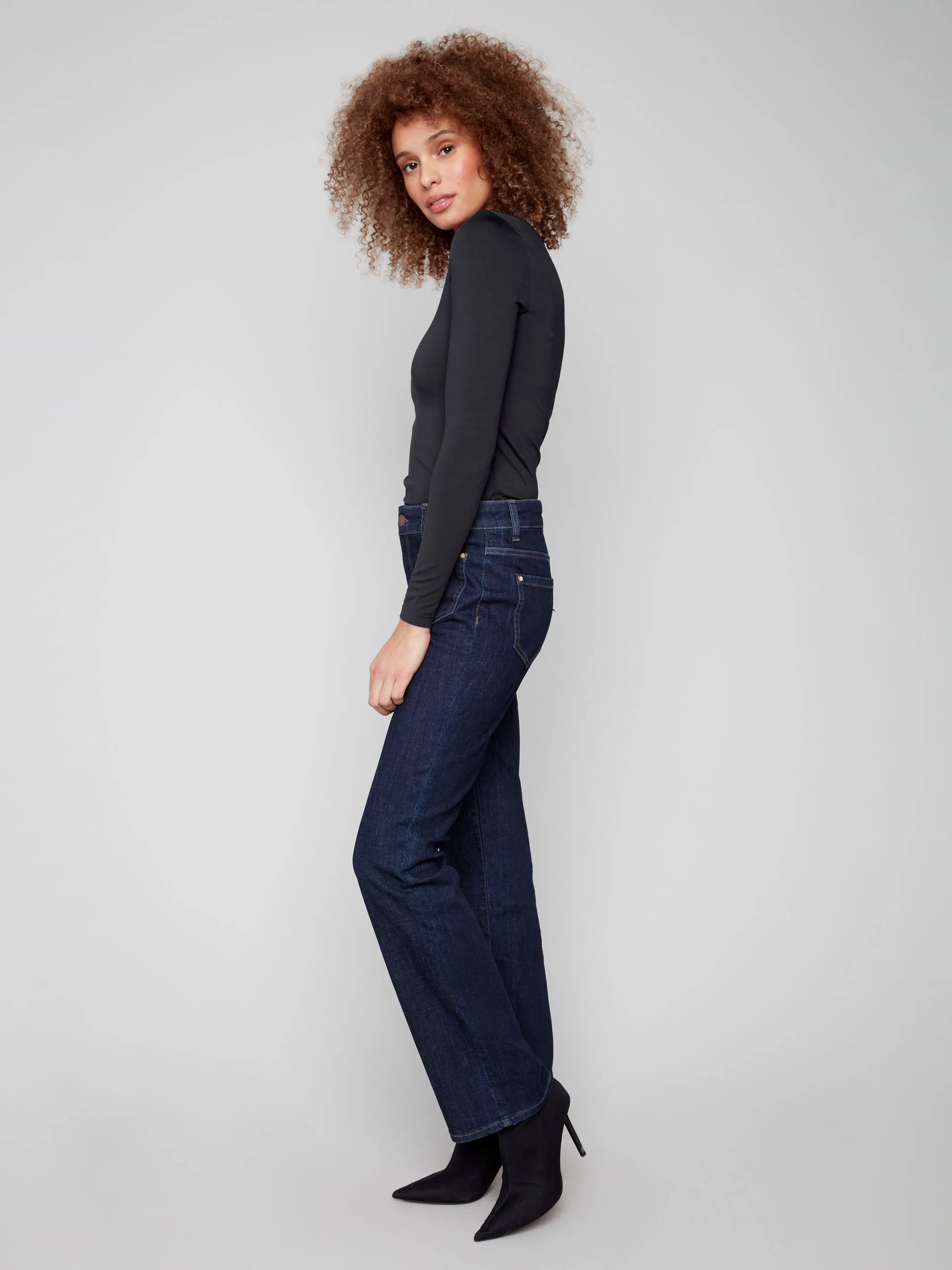 Smart Style Patch Pocket Flare Jeans With Rivets - Deep Blue