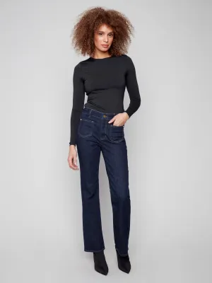 Flexible Waist Style Daily Patch Pocket Flare Jeans With Rivets - Deep Blue