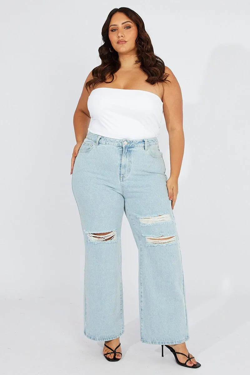 Denim Wide Leg Jeans High Rise Distressed Easy Pairing