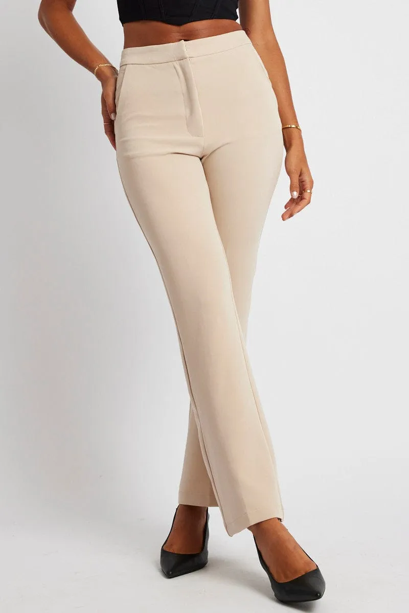Loose Fit Office Wear Beige Slim Pants High Rise