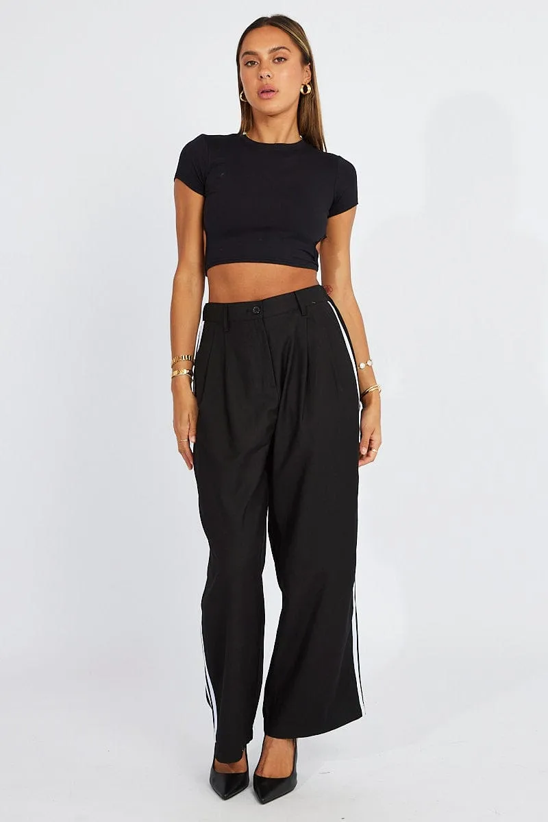 WindproofLayer Travel-Ready Black Wide Leg Pants Side Stripe