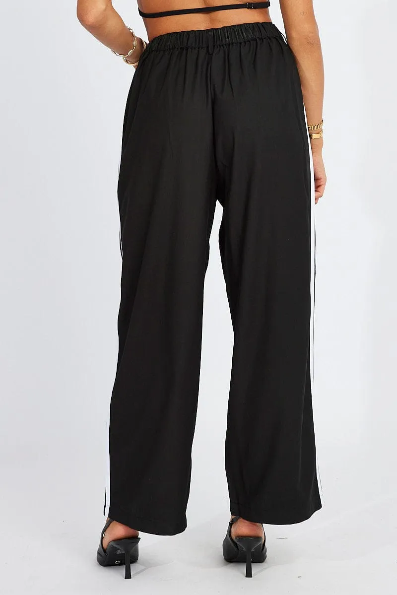 Black Wide Leg Pants Side Stripe Anti Snag Fabric