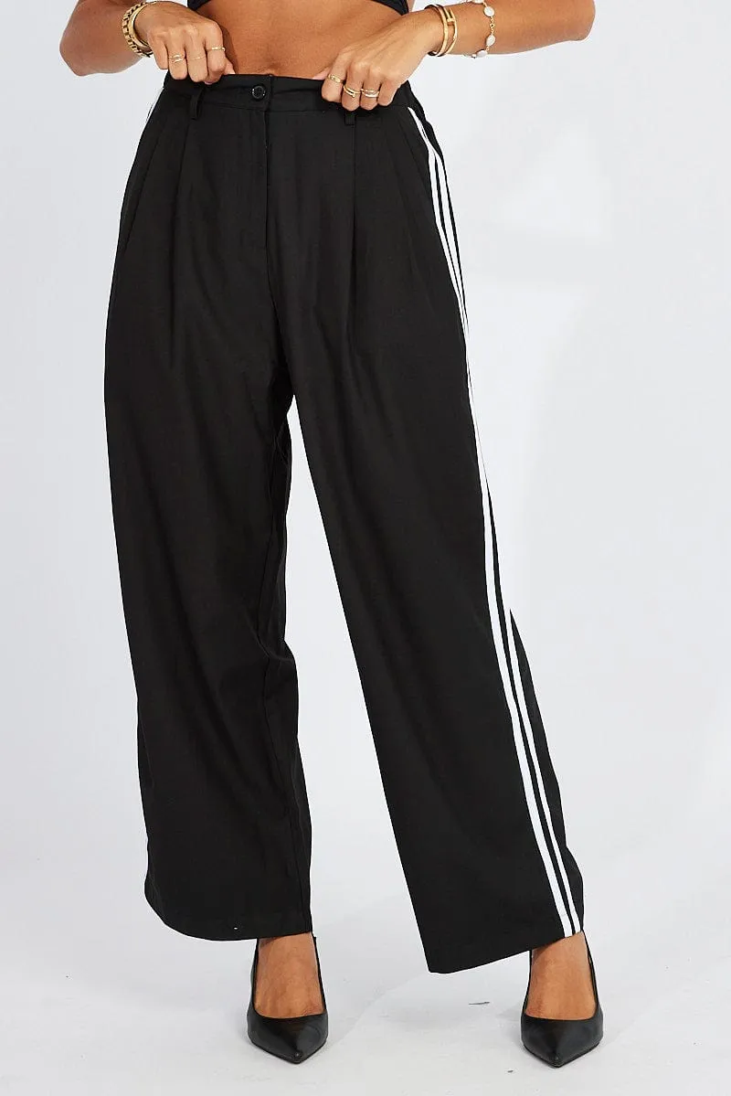 Flattering Cut Durable Hem Black Wide Leg Pants Side Stripe