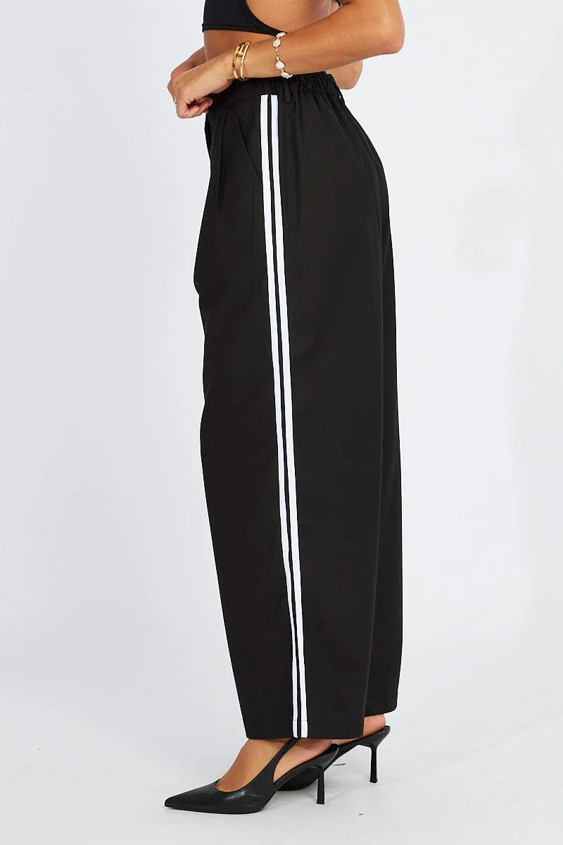 Breathable Lining Sleek Fit Black Wide Leg Pants Side Stripe