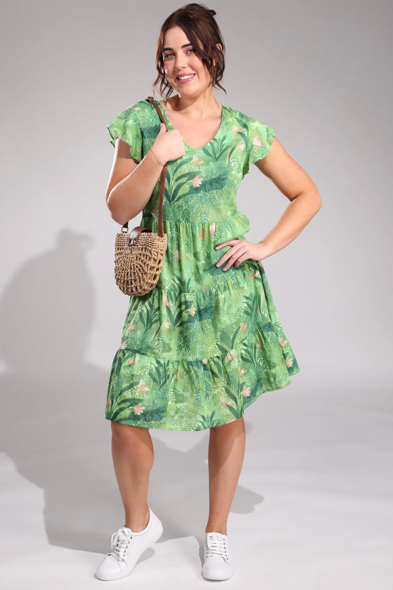 HighElasticity Fiber Trendy Cut Flutter sleeve Viscose Blend Dress | Green Fern | 6534A1