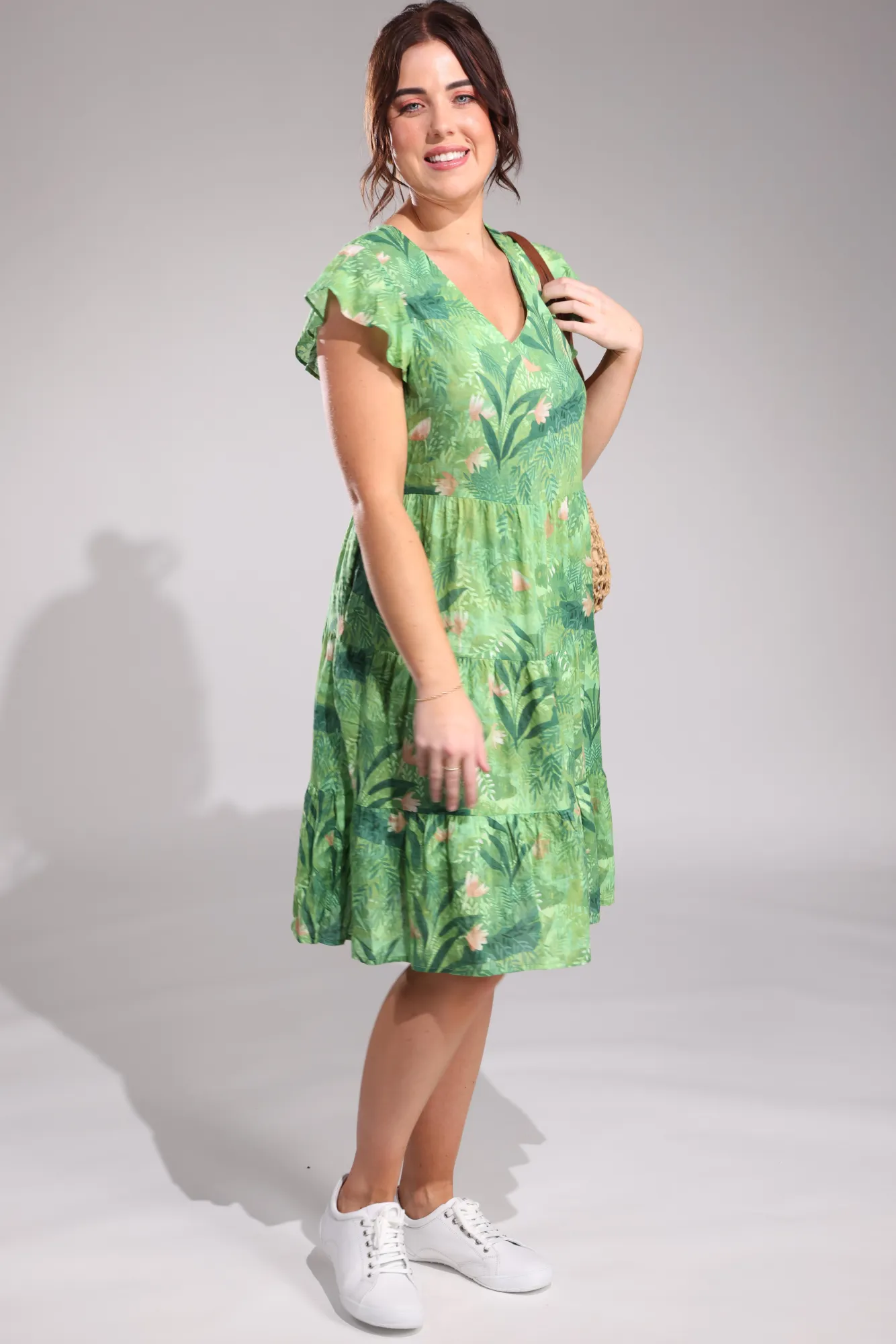 Flutter sleeve Viscose Blend Dress | Green Fern | 6534A1 DoubleLayerReinforcement Collapsible Hood