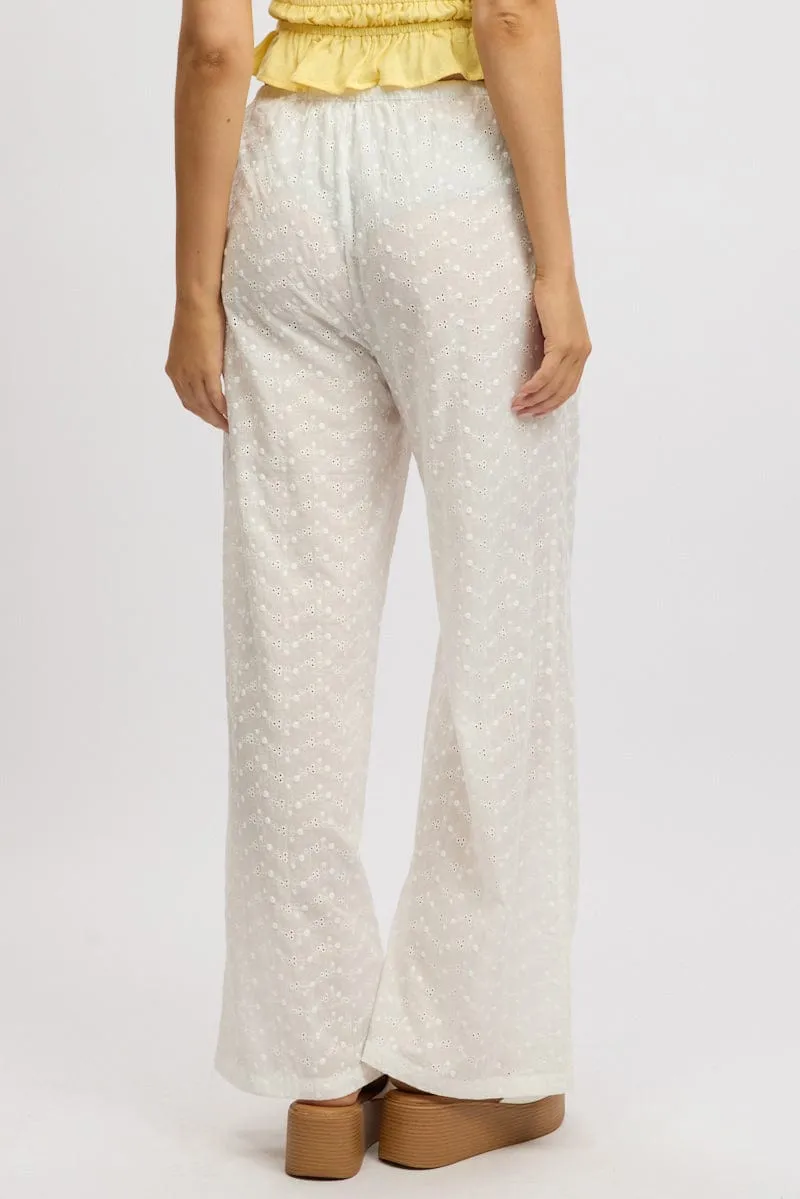 White Wide Leg Pants High Rise Eyelet Fabric All Use