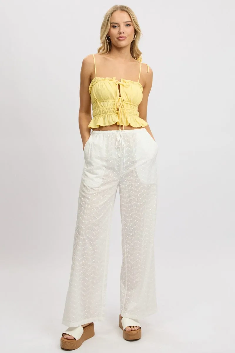 CompressionFitFabric WaterRepellentCoating White Wide Leg Pants High Rise Eyelet Fabric