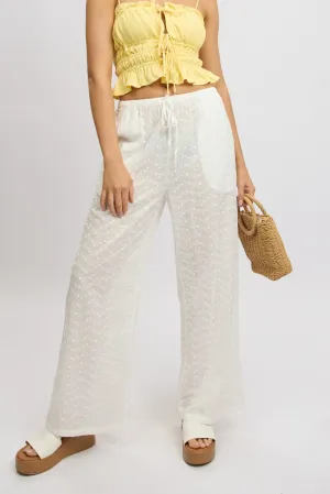 White Wide Leg Pants High Rise Eyelet Fabric TearResistantMaterial