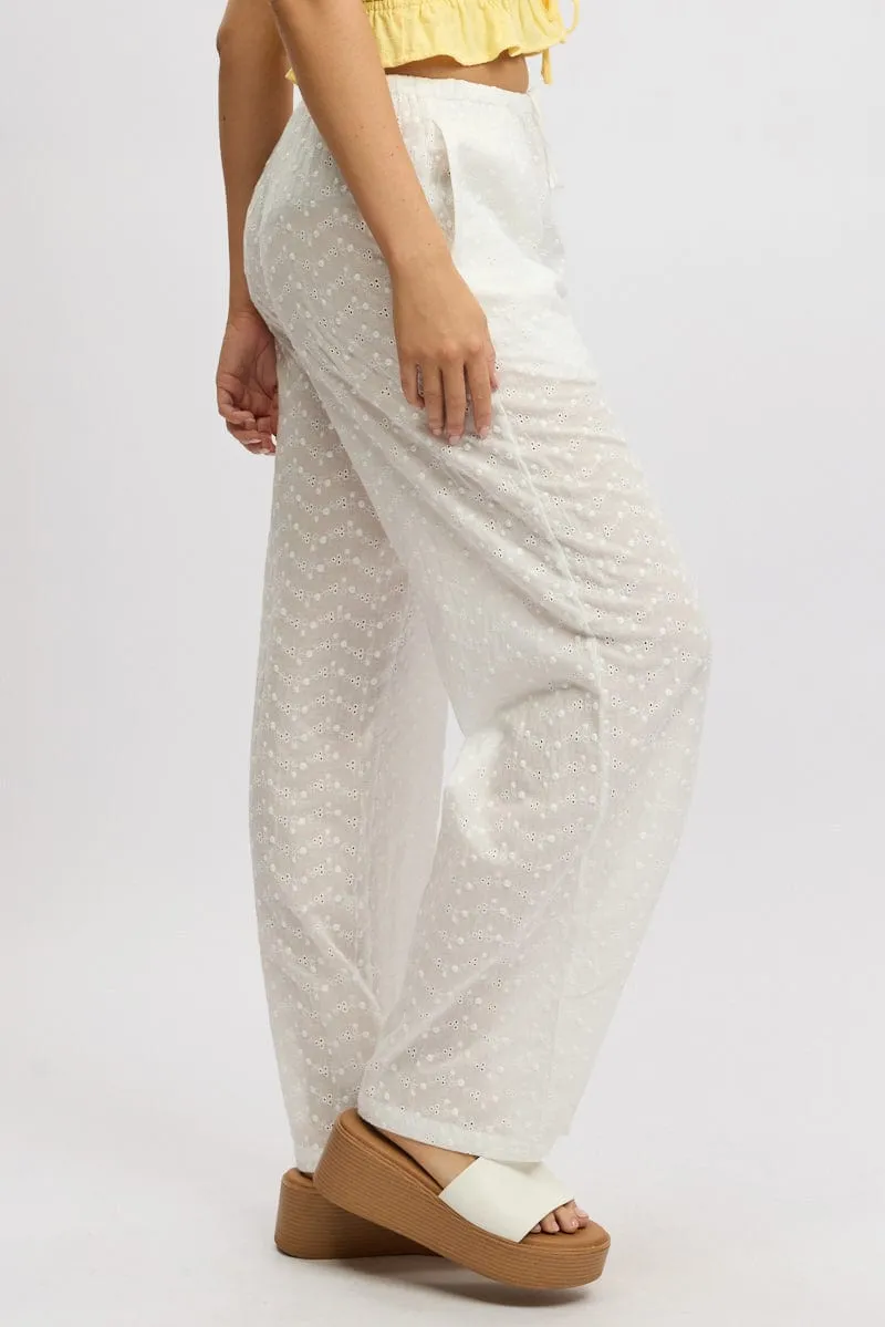 White Wide Leg Pants High Rise Eyelet Fabric Snag Free Fabric