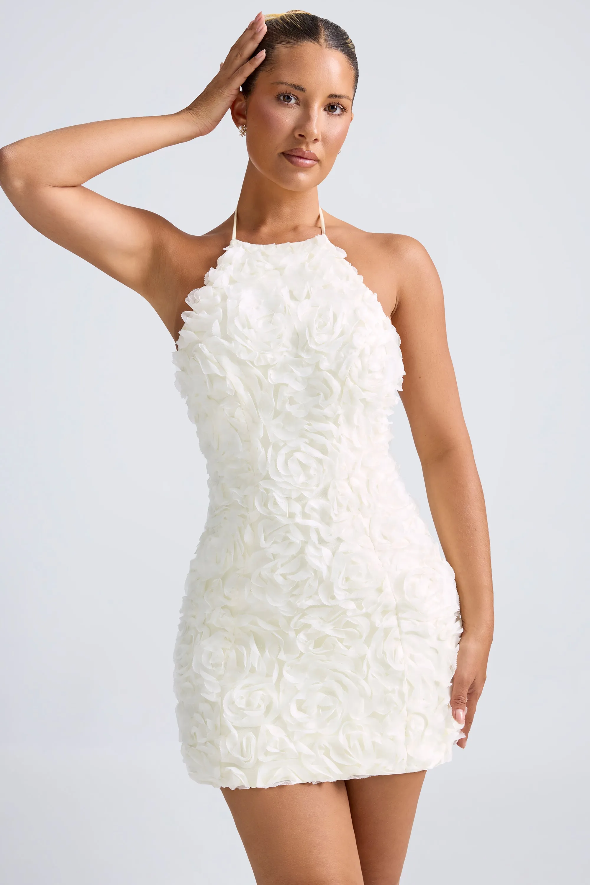 Floral-Appliqu?? Halterneck A-Line Mini Dress in White Weekend Vibe
