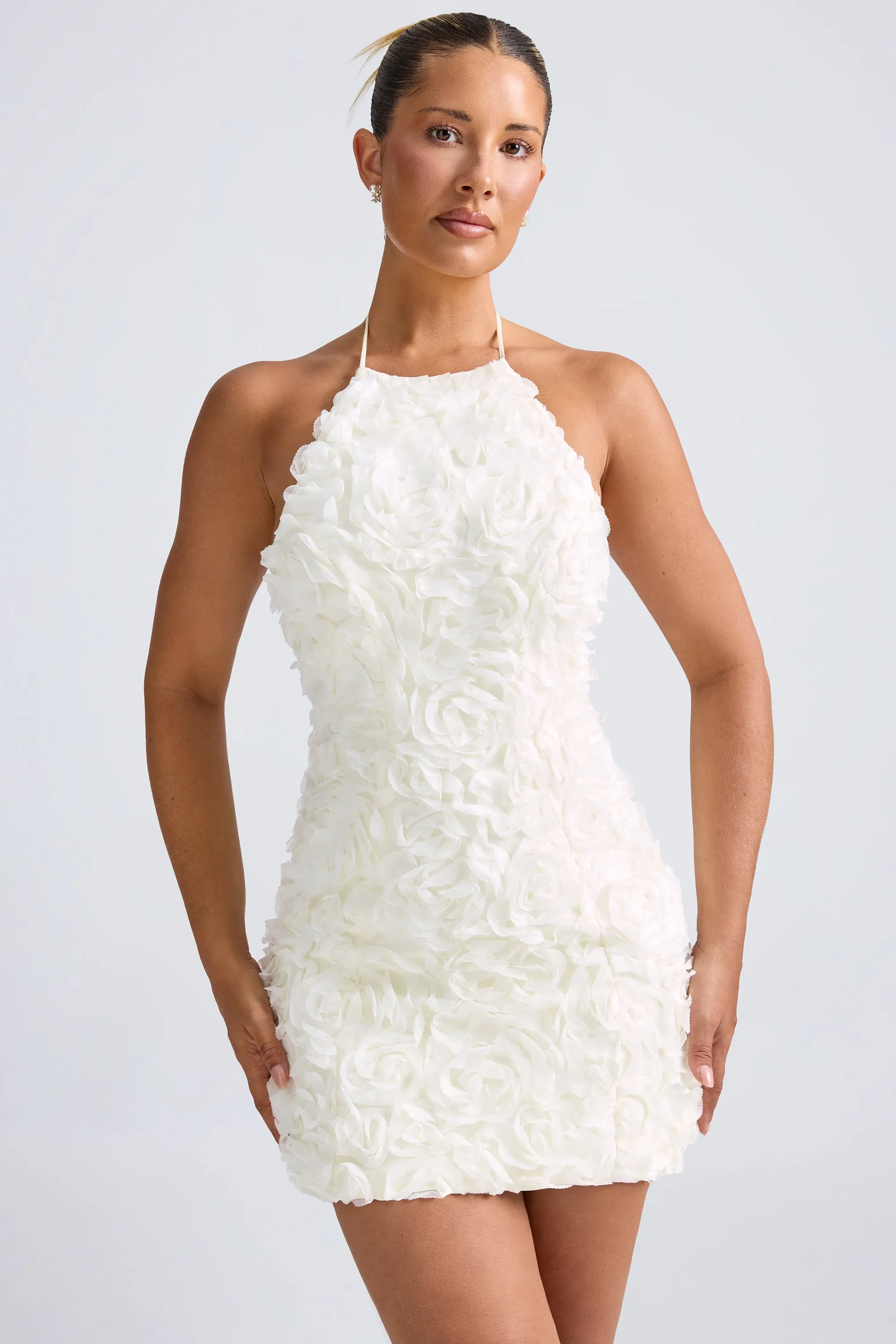 Feminine relaxed mini Hidden Pocket Design Floral-Appliqu?? Halterneck A-Line Mini Dress in White