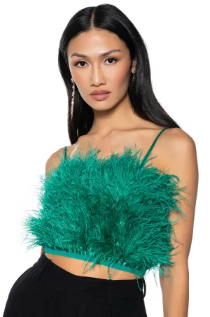 advertising campaign REAL OSTRICH FEATHER CROP TOP IN EMERALD
