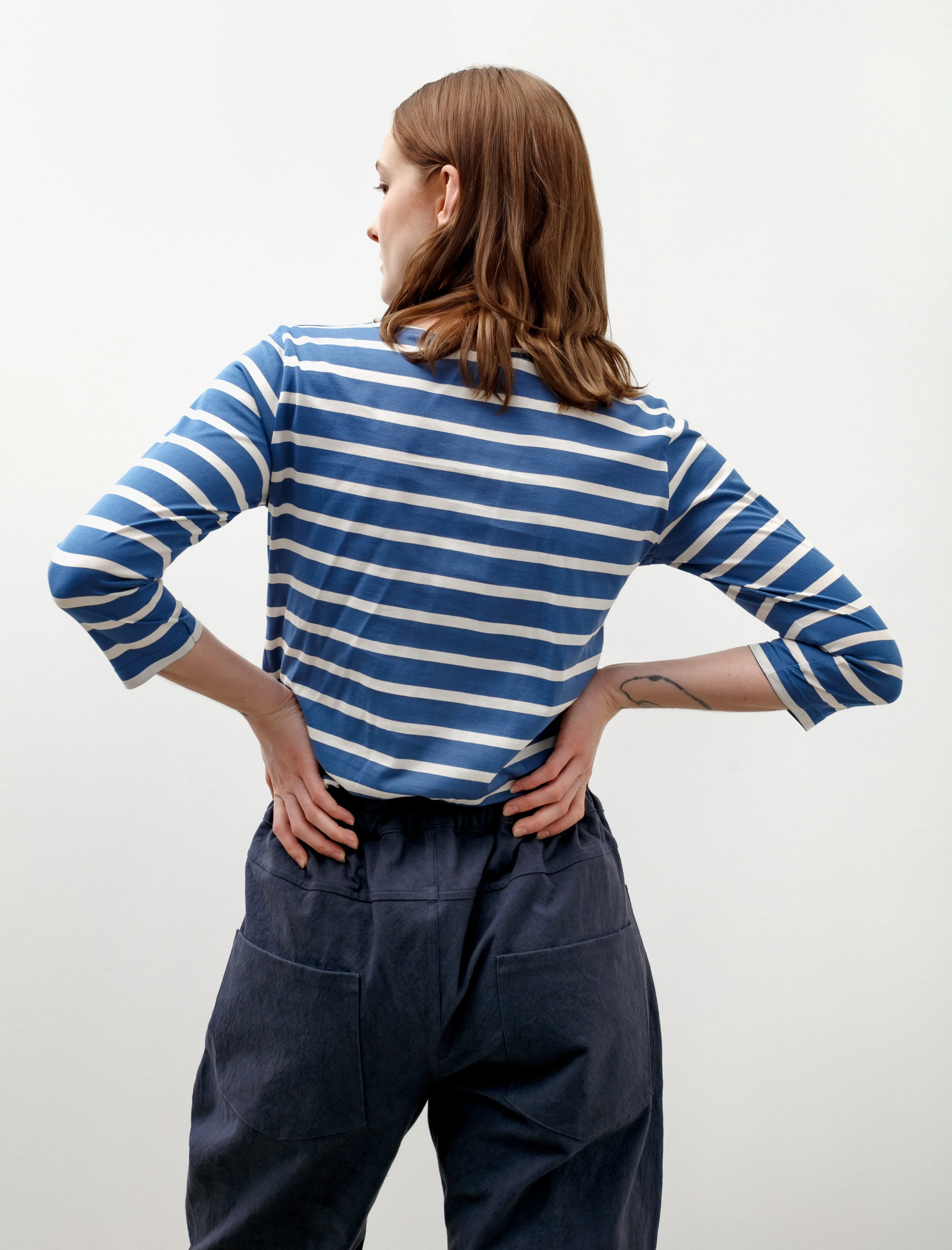 3/4 Sleeve Boat Neck T-Shirt Bluestone/Ecru Casual Comfort