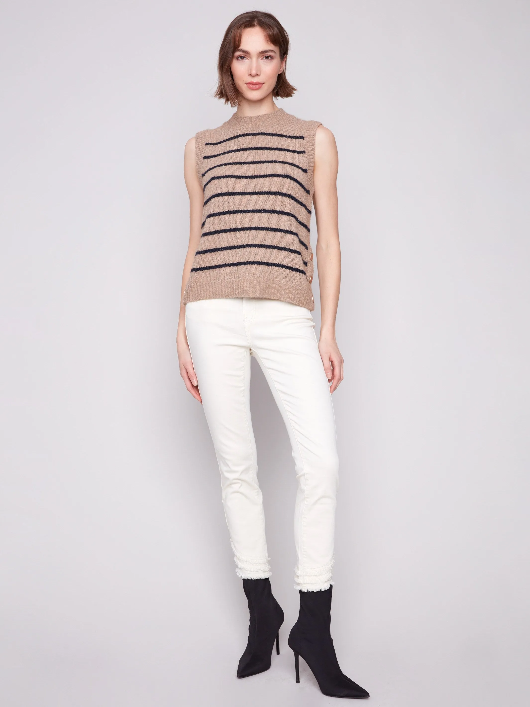 Winter Knit Layer Striped Sleeveless Sweater Vest - Heather Camel