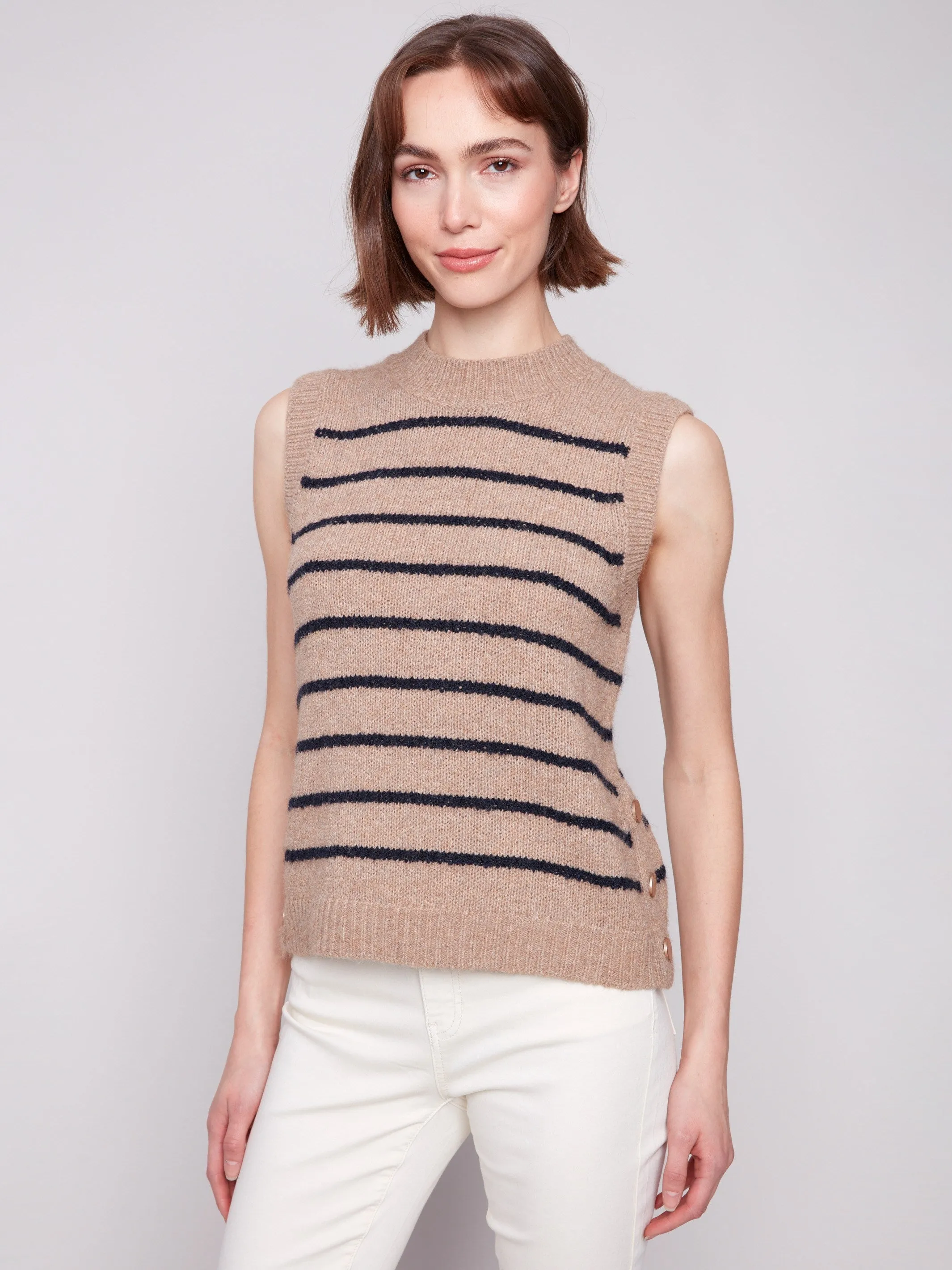 Striped Sleeveless Sweater Vest - Heather Camel Perfect for Layering Cozy Knit Look