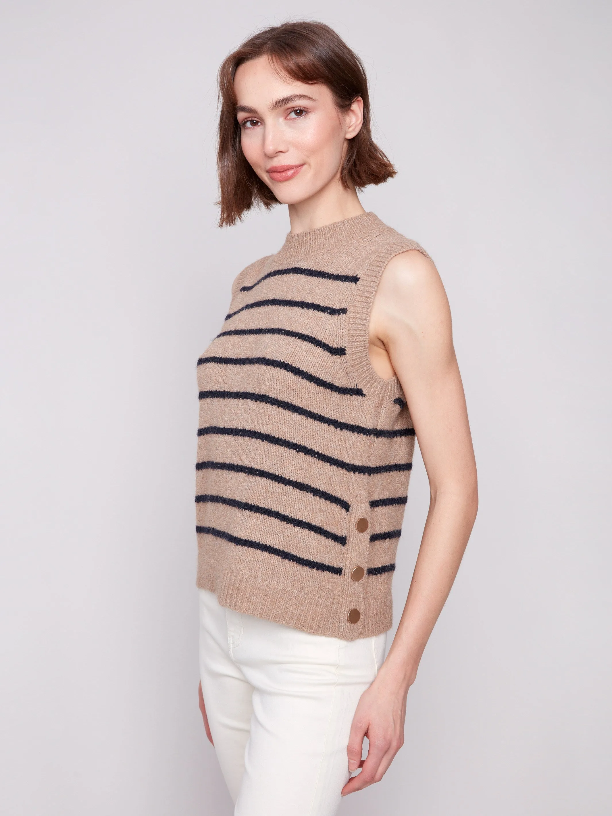 Cozy Fashion Striped Sleeveless Sweater Vest - Heather Camel
