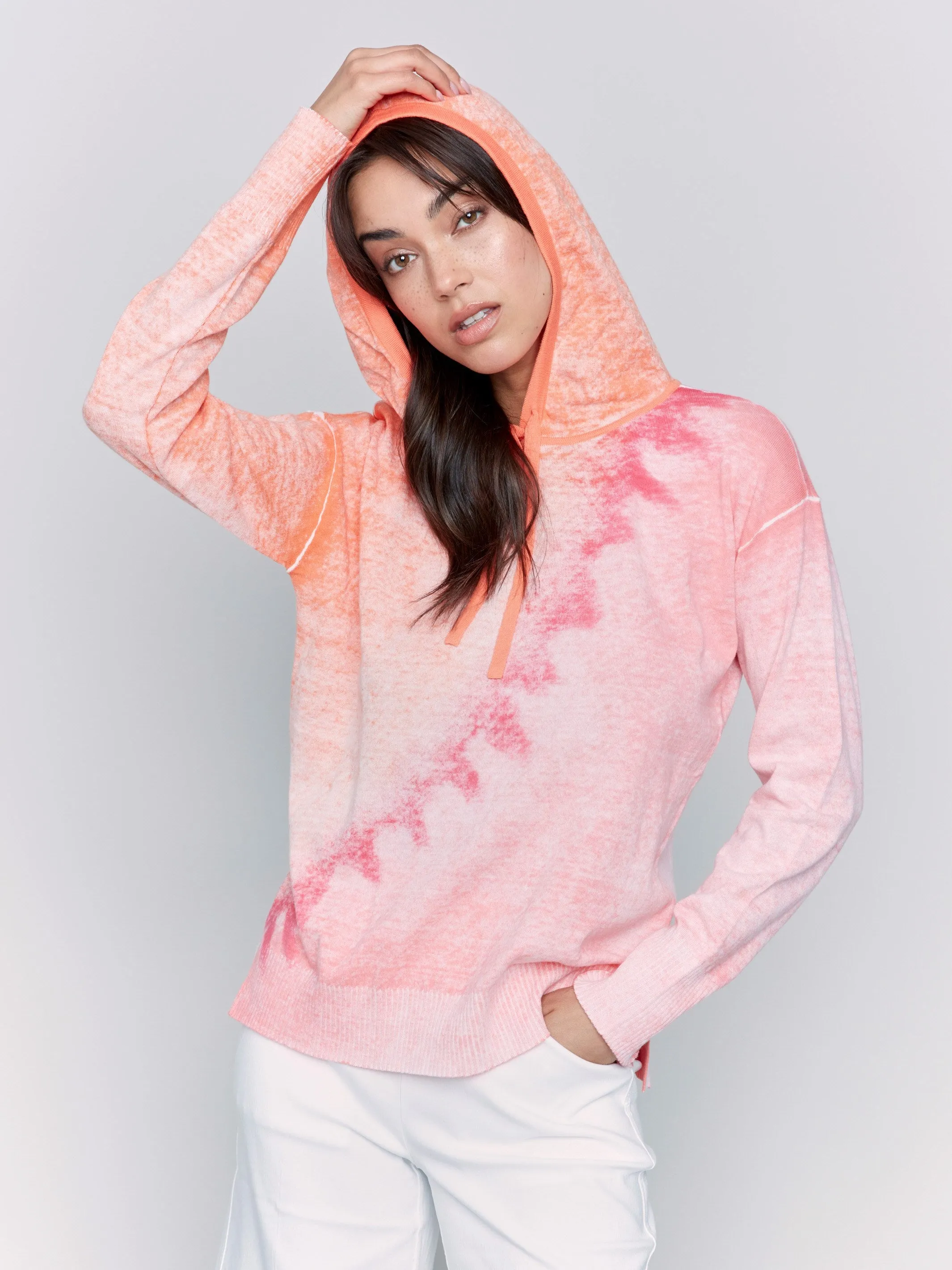 Casual Knit Layer Casual Chic Knit Reverse Print Hoodie Sweater - Papaya