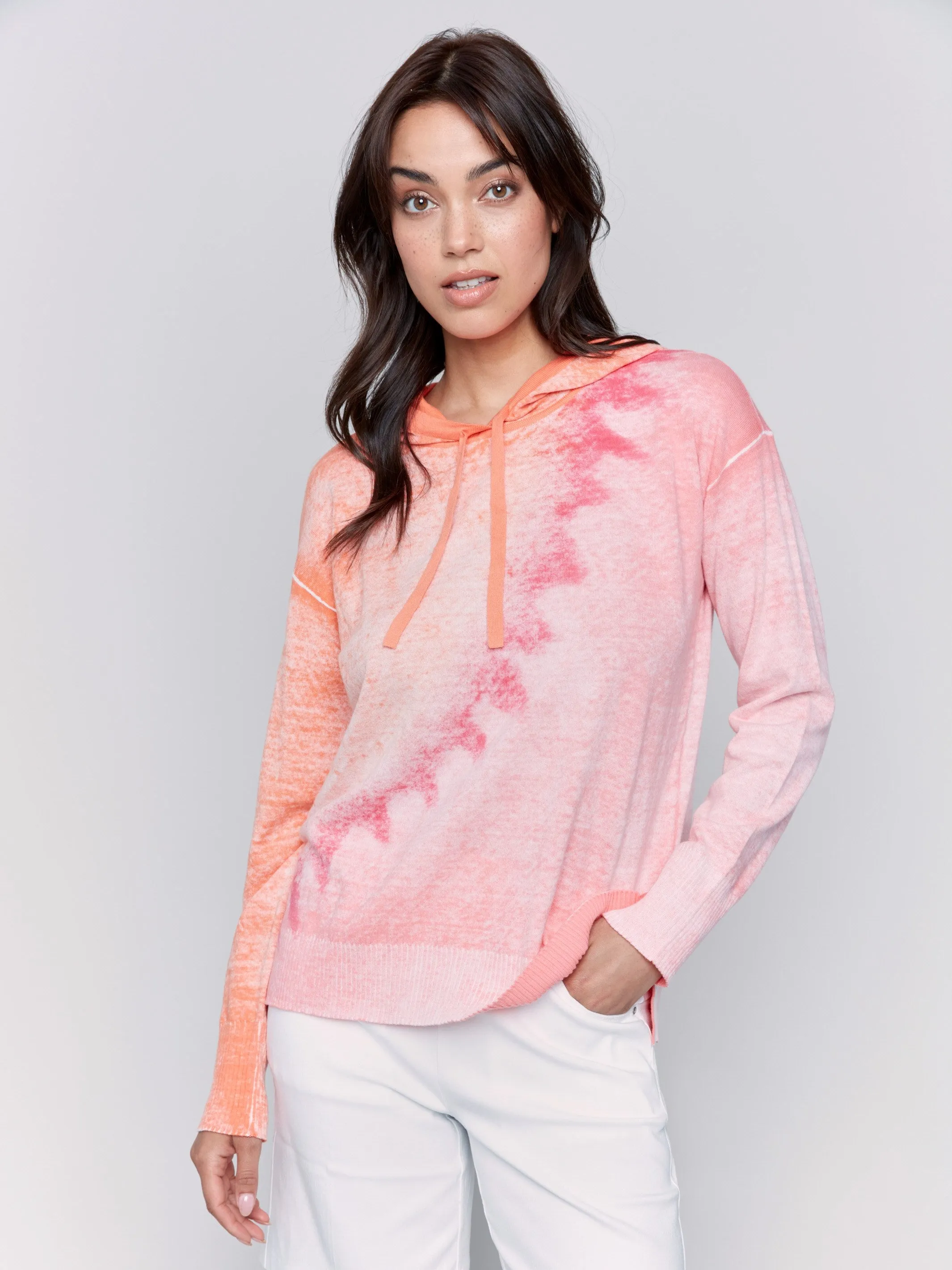 Soft Fabric Sleek Knit Reverse Print Hoodie Sweater - Papaya