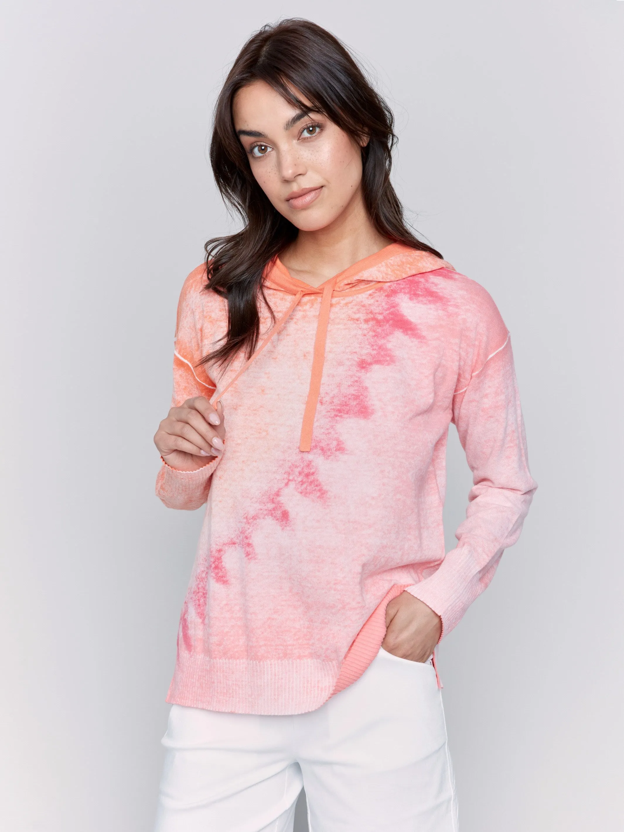 Ultimate Layering V neck Reverse Print Hoodie Sweater - Papaya