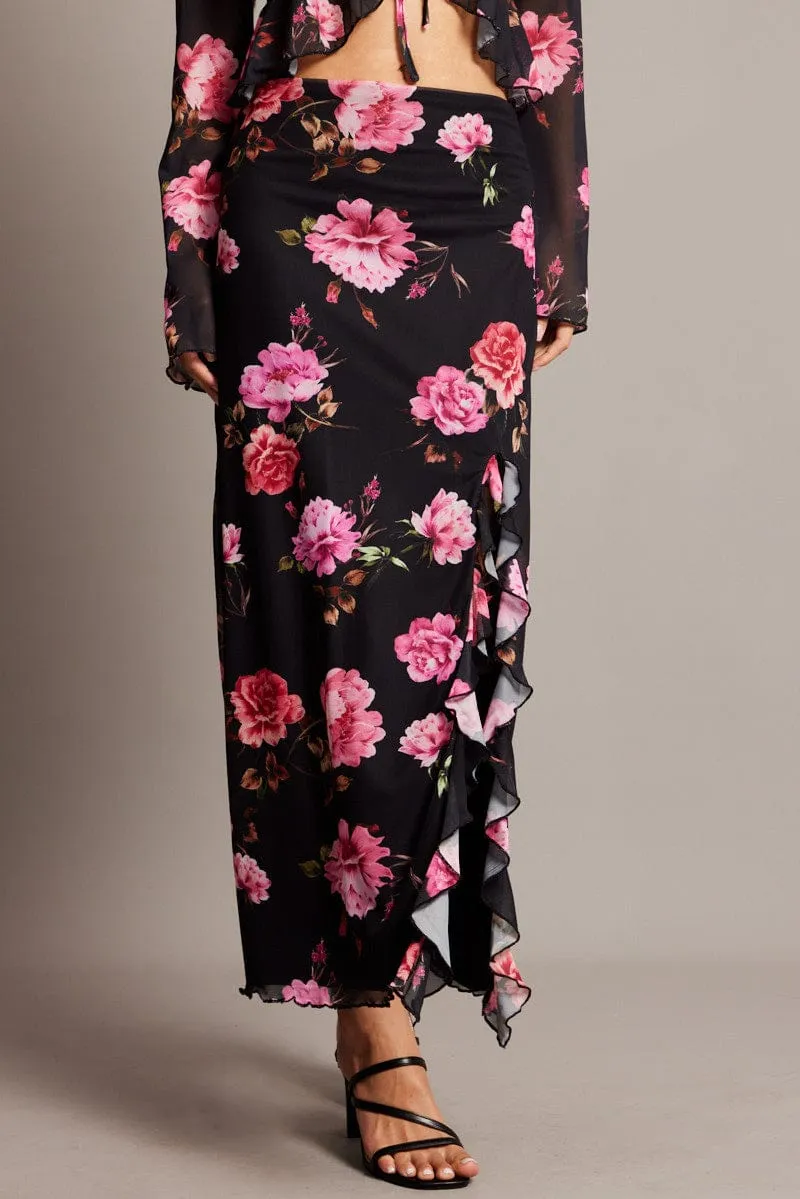 flowy silhouette Eco conscious Black Floral Maxi Skirt High Rise Ruffled Slit Frill Hem Mesh
