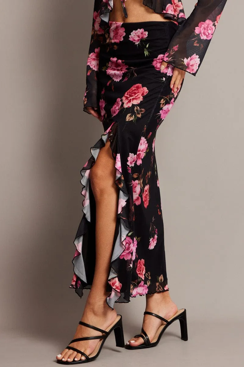 Black Floral Maxi Skirt High Rise Ruffled Slit Frill Hem Mesh Detachable Detail Synthetic Blend