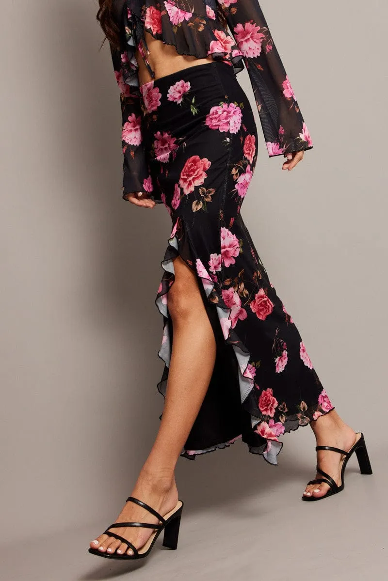 Flexible Knit Smart Look Black Floral Maxi Skirt High Rise Ruffled Slit Frill Hem Mesh