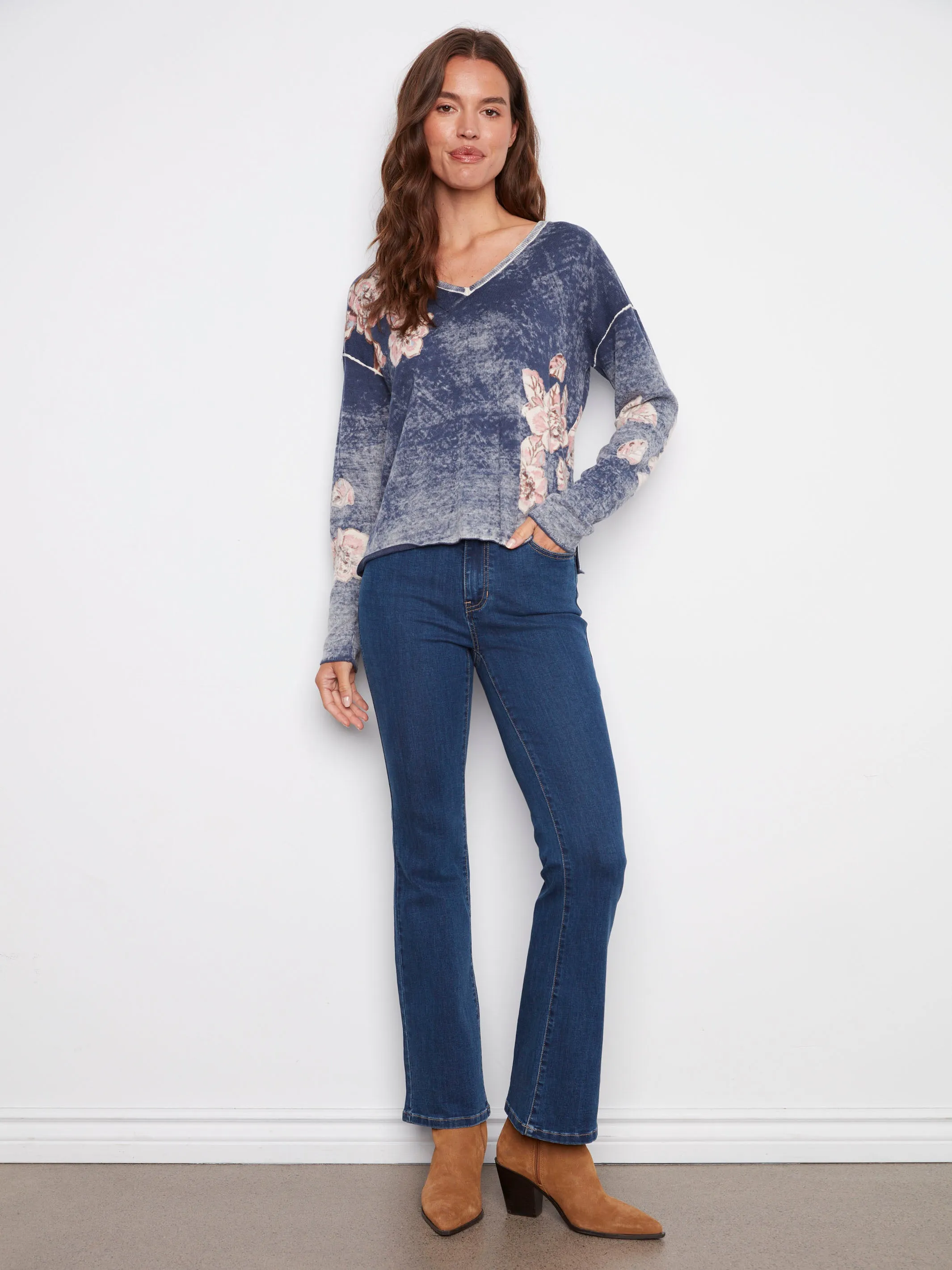 Reversible Floral V-Neck Sweater - Denim Layered Thermal Core