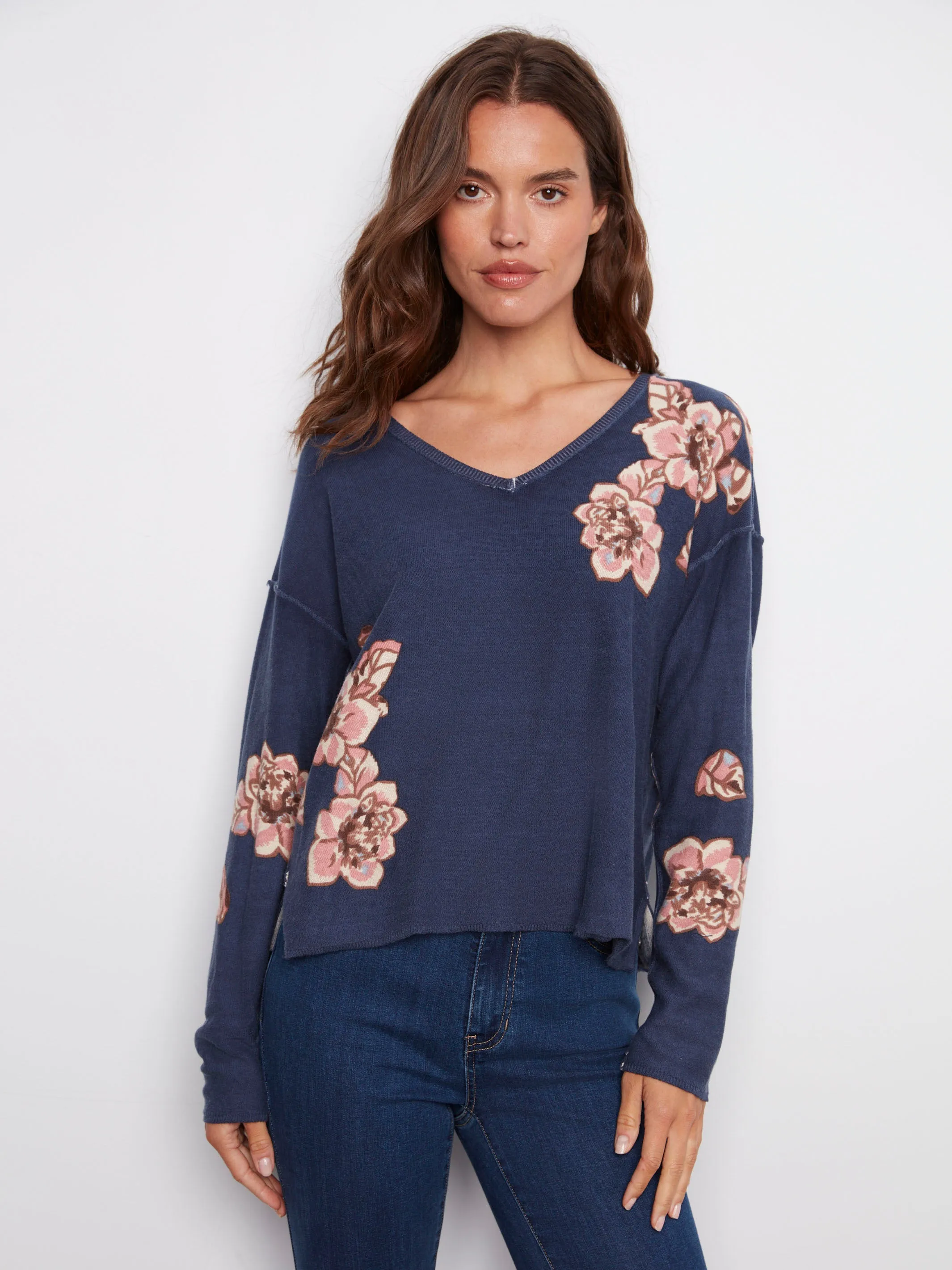 Fashionable knitwear Essential Knit Reversible Floral V-Neck Sweater - Denim