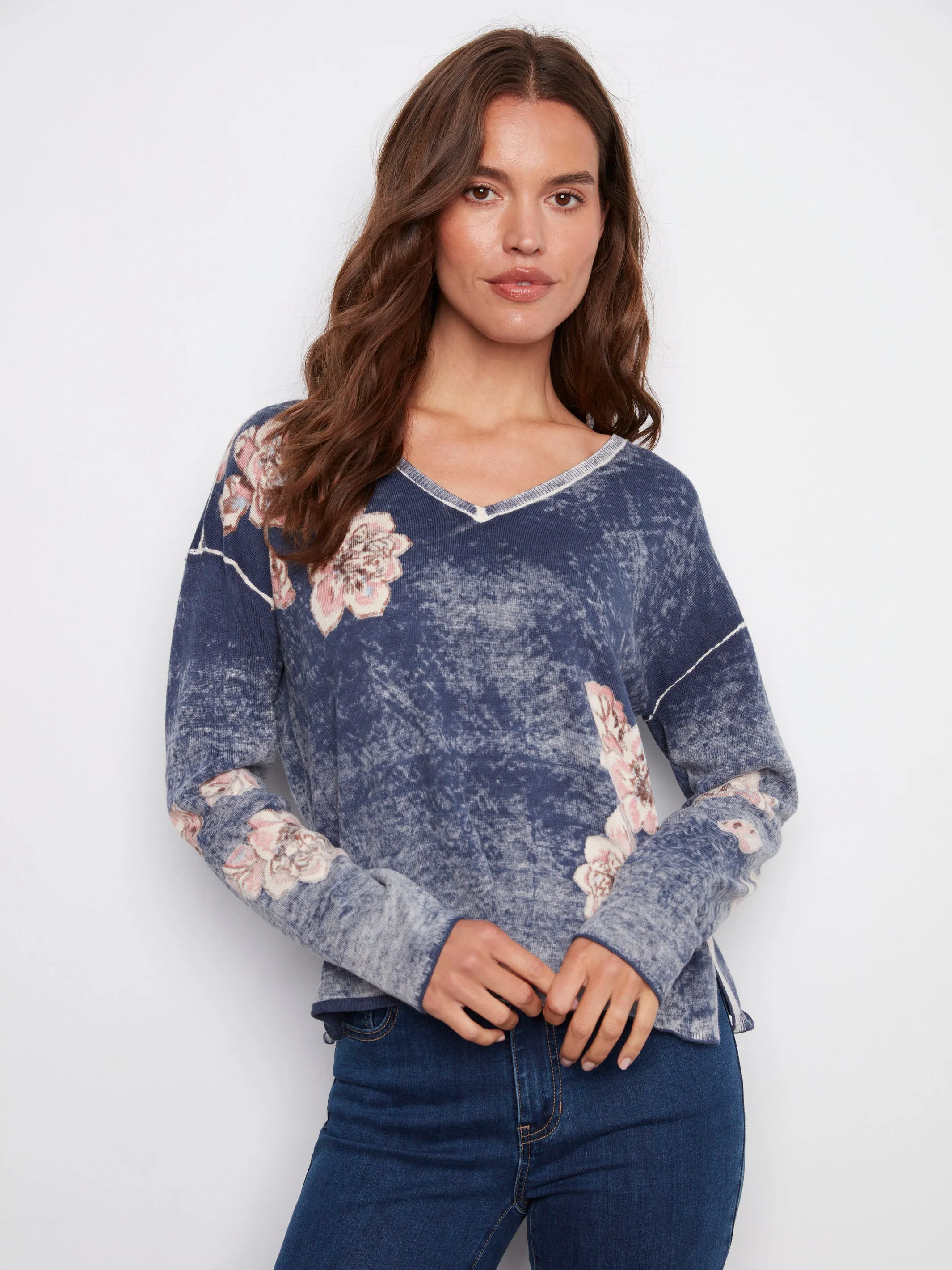 Reversible Floral V-Neck Sweater - Denim Comfortable Look Essential Warmth