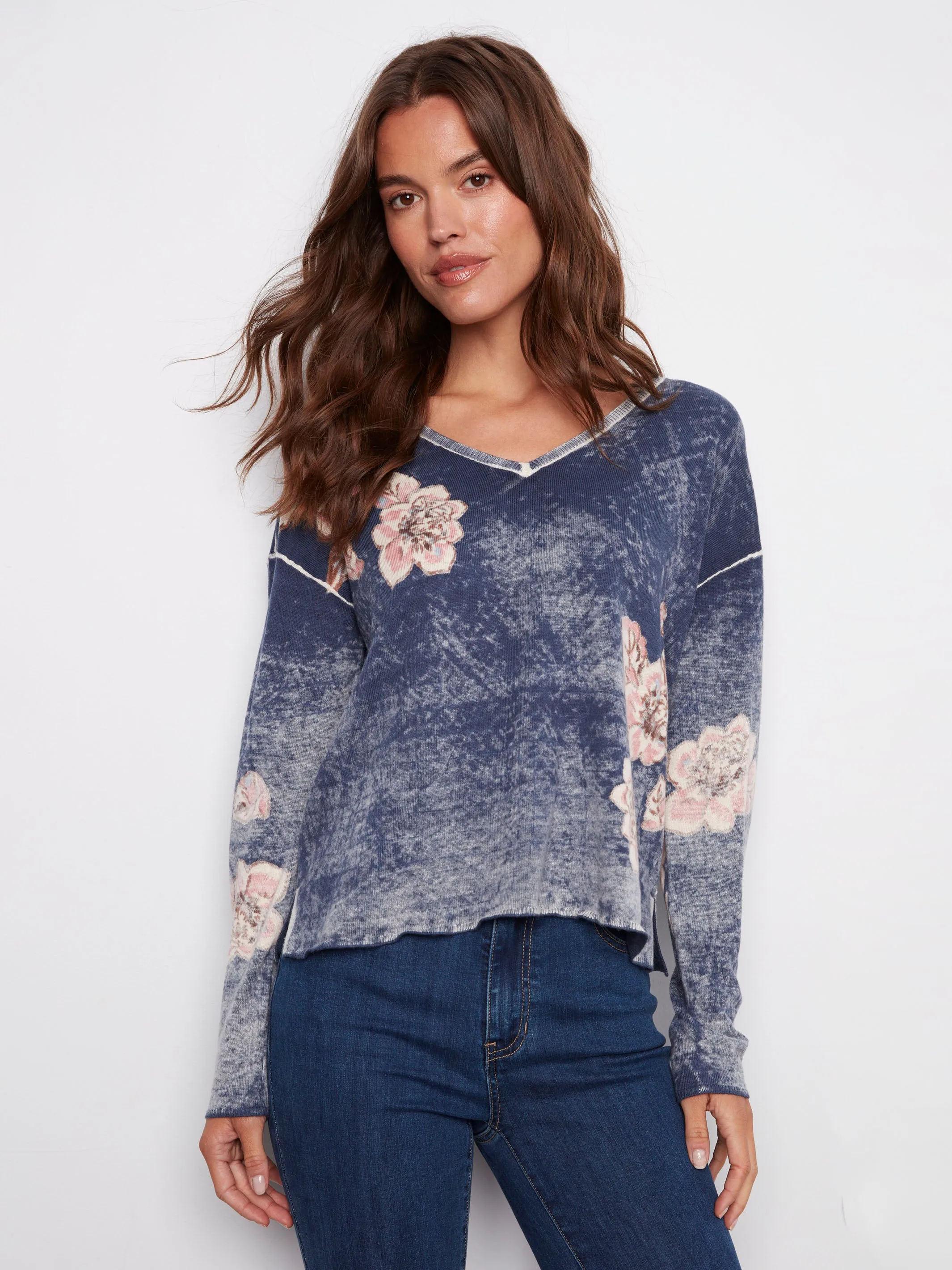 Reversible Floral V-Neck Sweater - Denim Casual Style