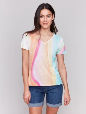 Essential Knit Printed Short Sleeve Linen Blend Sweater - Rainbow