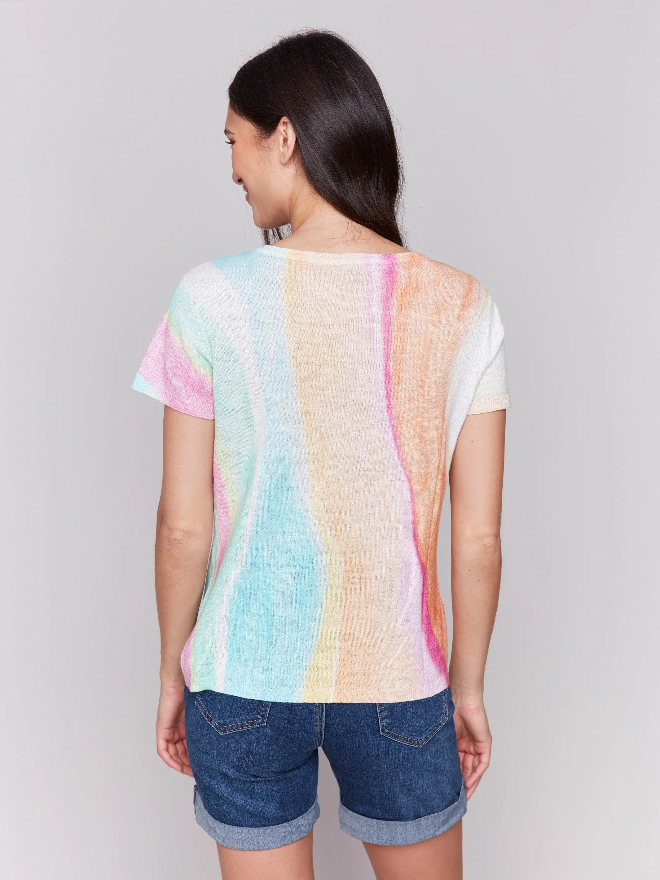 Printed Short Sleeve Linen Blend Sweater - Rainbow Relaxed Knitwear Lattice Stitch Pattern