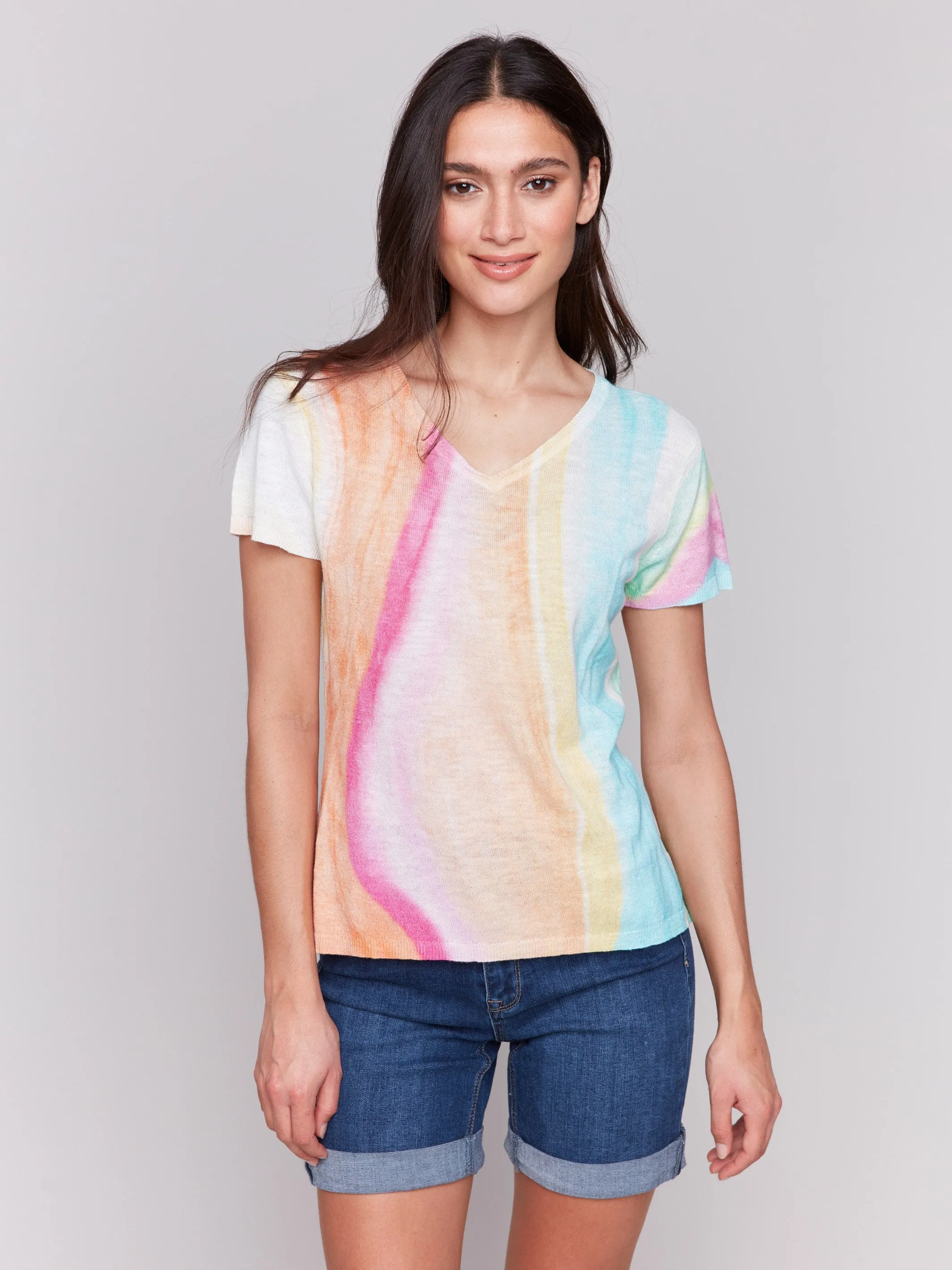 Perfect Knit Chilly Ready Printed Short Sleeve Linen Blend Sweater - Rainbow