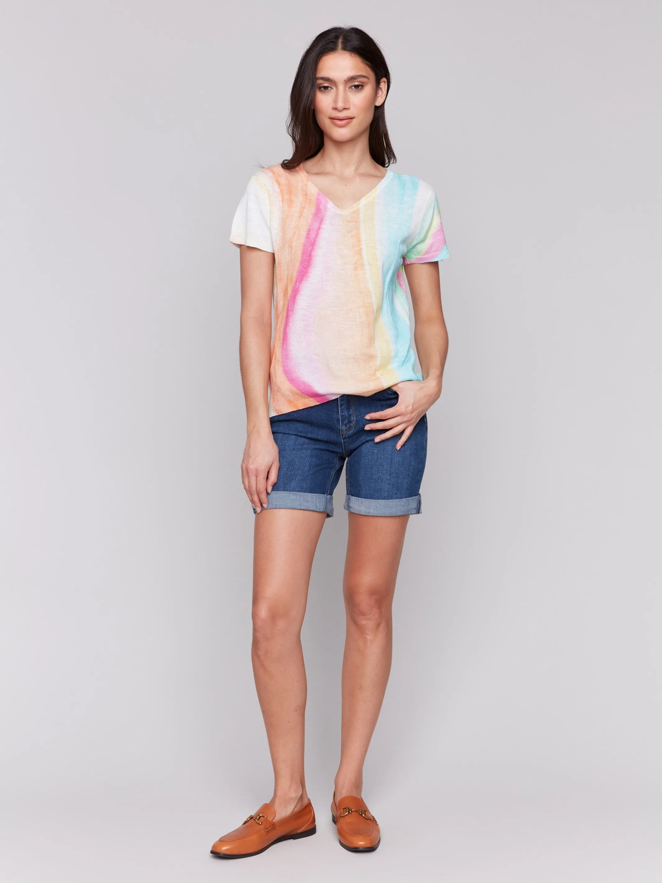 Printed Short Sleeve Linen Blend Sweater - Rainbow Chilly Day Comfort