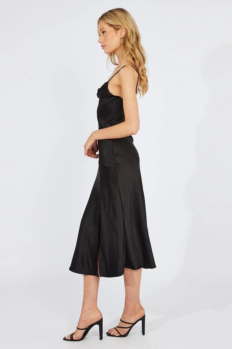 Easy-care midi Party Proof Black Satin Dress Cocktail Split Side Strappy